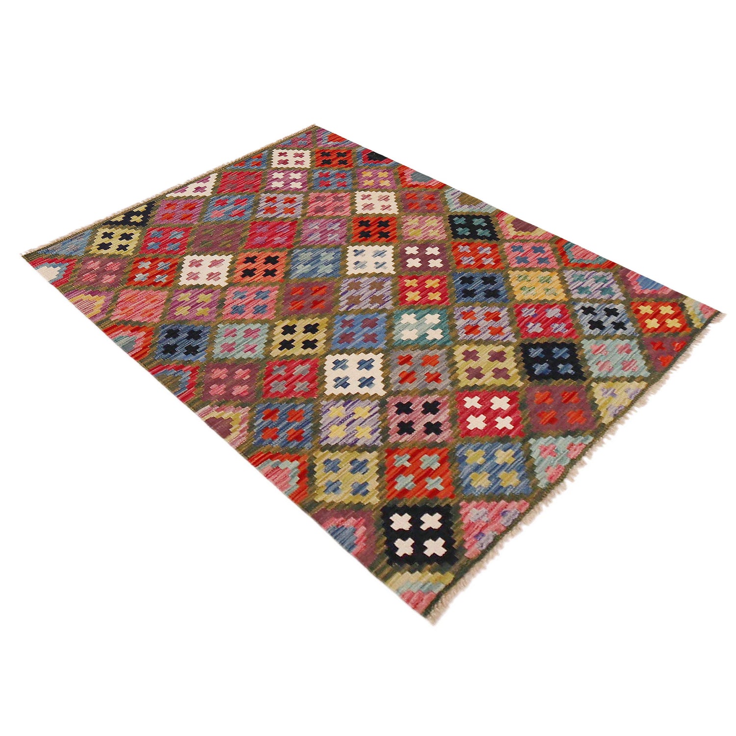 Multi Color ful Flat-Weave Wool Kilim 3' 3" x 4' 10" ft / 100 x 147 cm - No. P36450