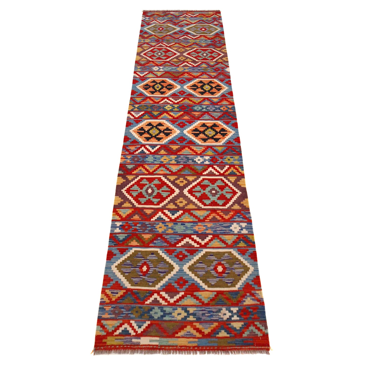Handmade Turkish Design Wool Kilim Runner 2' 6" x 10' 0" ft / 75 x 304 cm - No. P36464