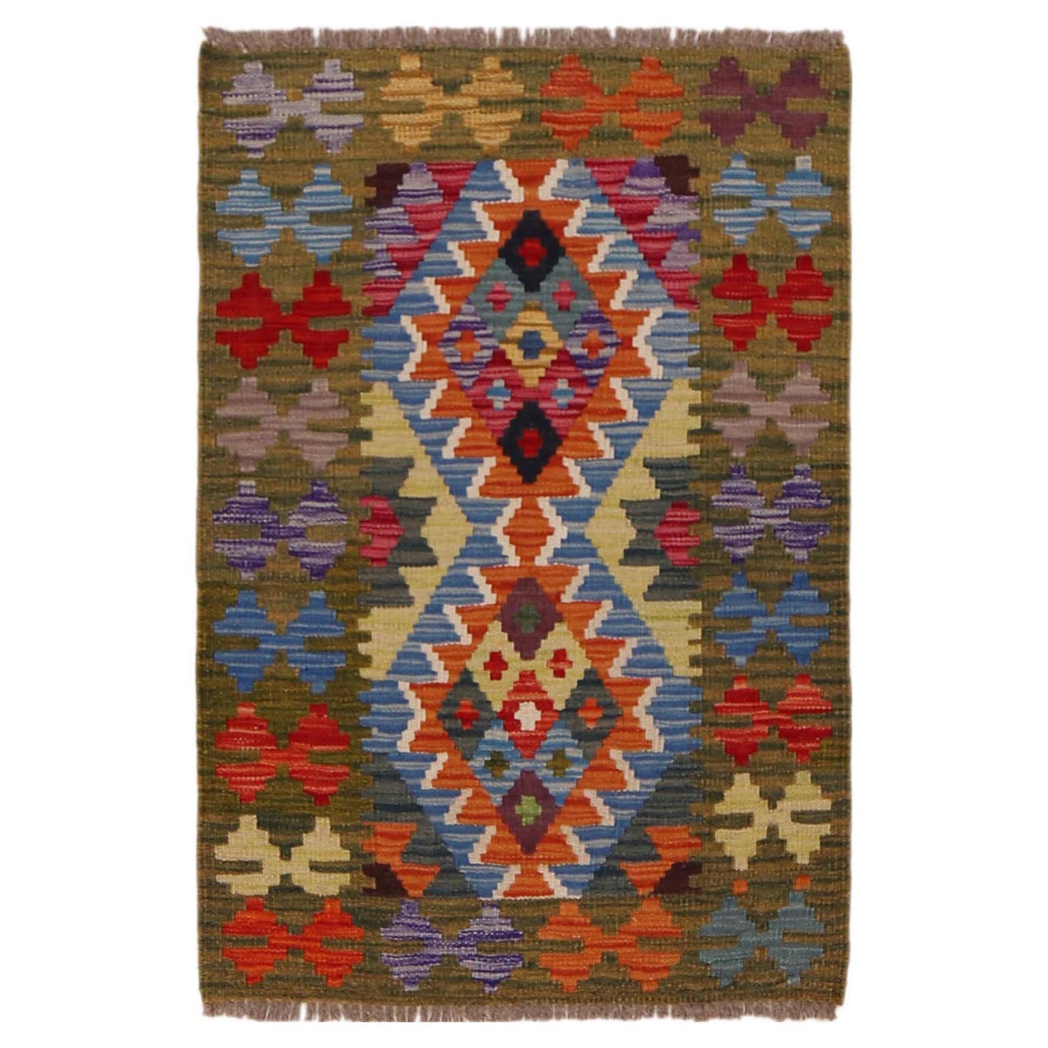 Multi Color ful Flat-Weave Wool Kilim 2' 2" x 3' 2" ft / 65 x 96 cm - No. P36474