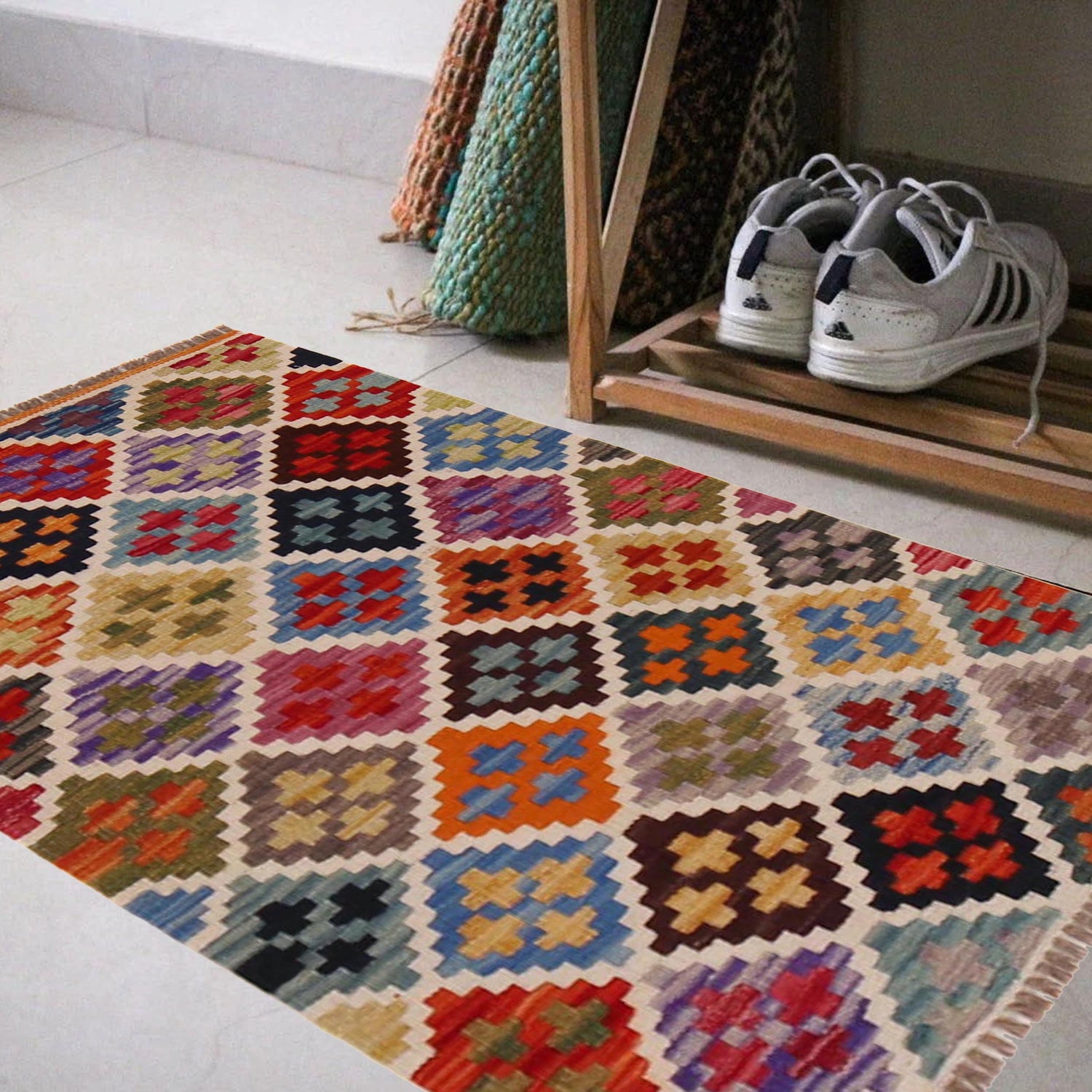 Handmade Afghan Vegetable Kilim 2' 2" x 3' 2" ft / 65 x 96 cm - No. P36485
