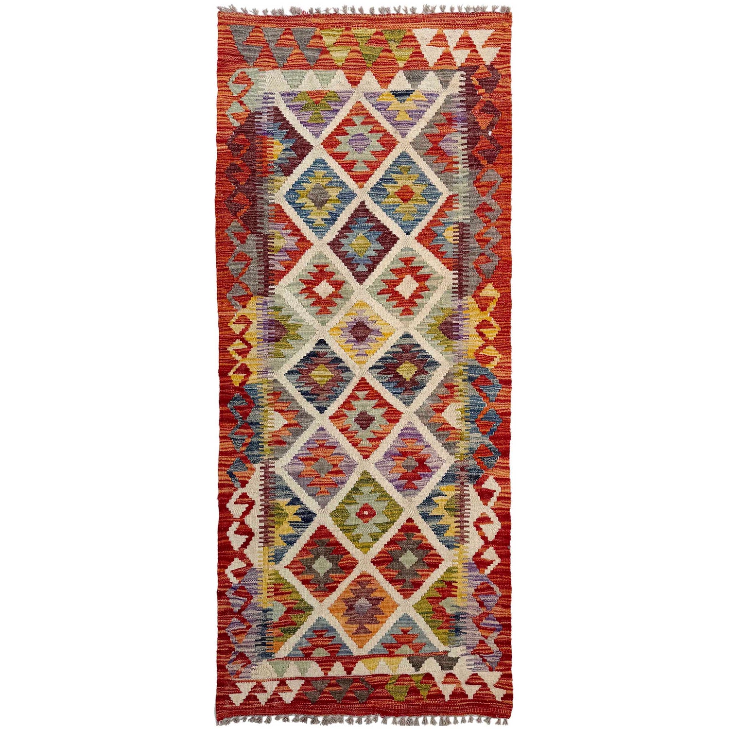 Multi Color ful Flat-Weave Wool Kilim Runner 2' 5" x 6' 3" ft / 74 x 191 cm - No. P36964