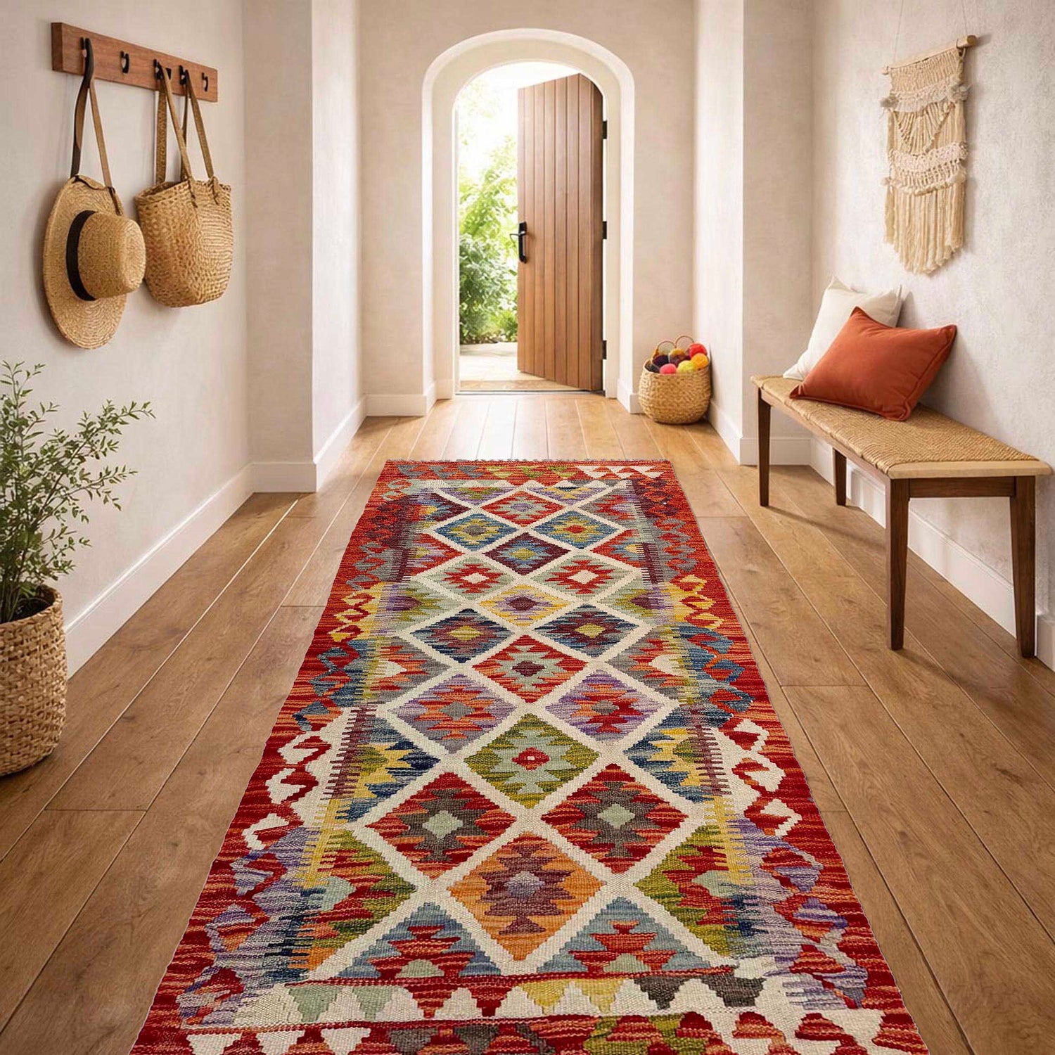 Multi Color ful Flat-Weave Wool Kilim Runner 2' 5" x 6' 3" ft / 74 x 191 cm - No. P36964