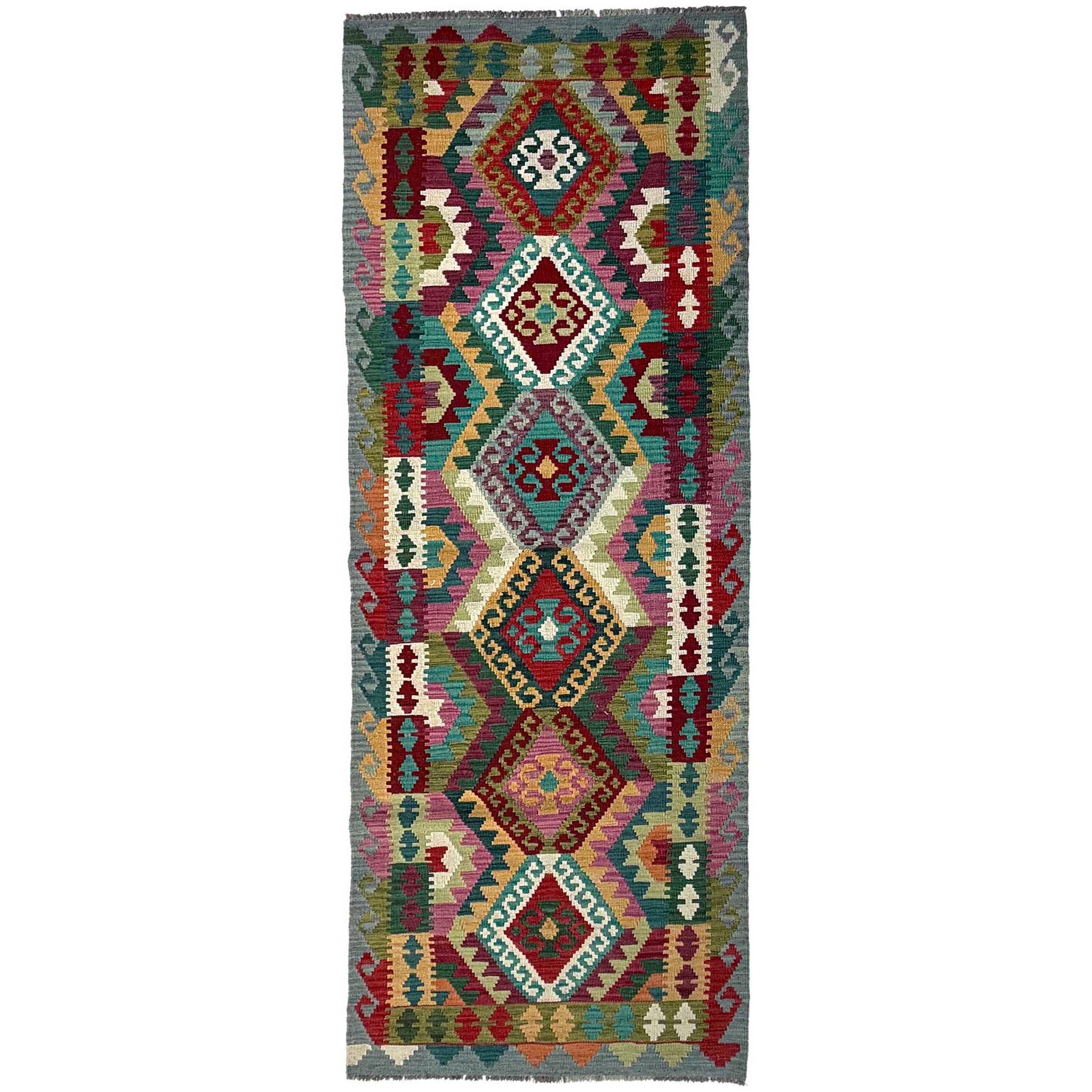Multi Color ful Flat-Weave Wool Kilim Runner 2' 10" x 9' 10" ft / 87 x 300 cm - No. P36976