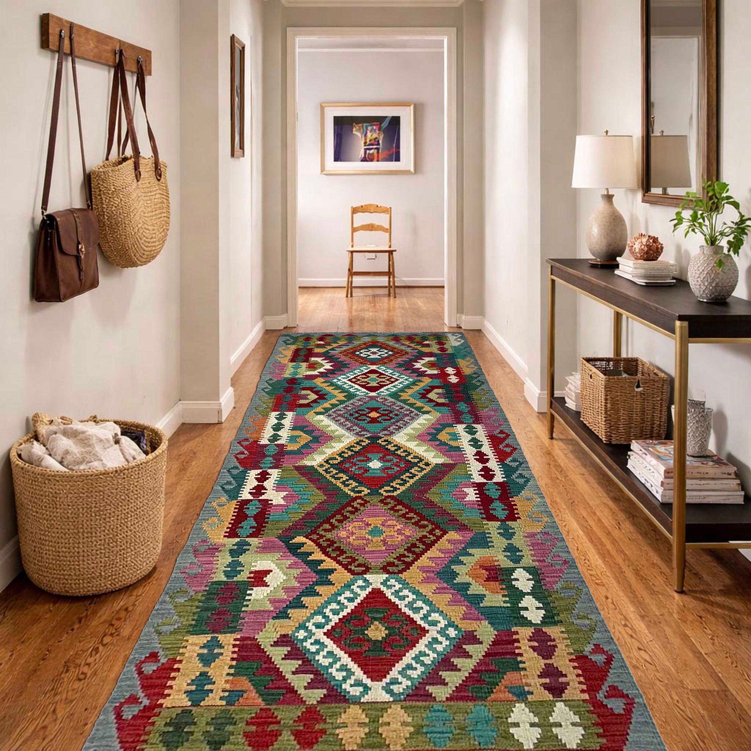Multi Color ful Flat-Weave Wool Kilim Runner 2' 10" x 9' 10" ft / 87 x 300 cm - No. P36976