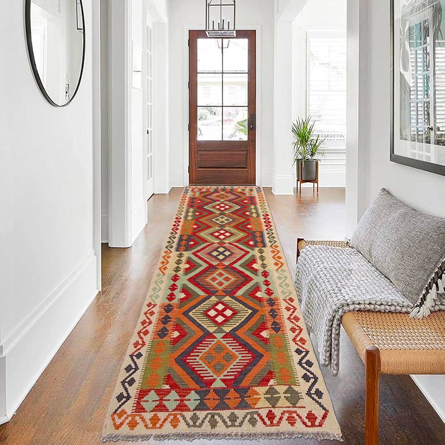 Multi Color ful Flat-Weave Wool Kilim Runner 2' 7" x 9' 6" ft / 80 x 289 cm - No. P36980