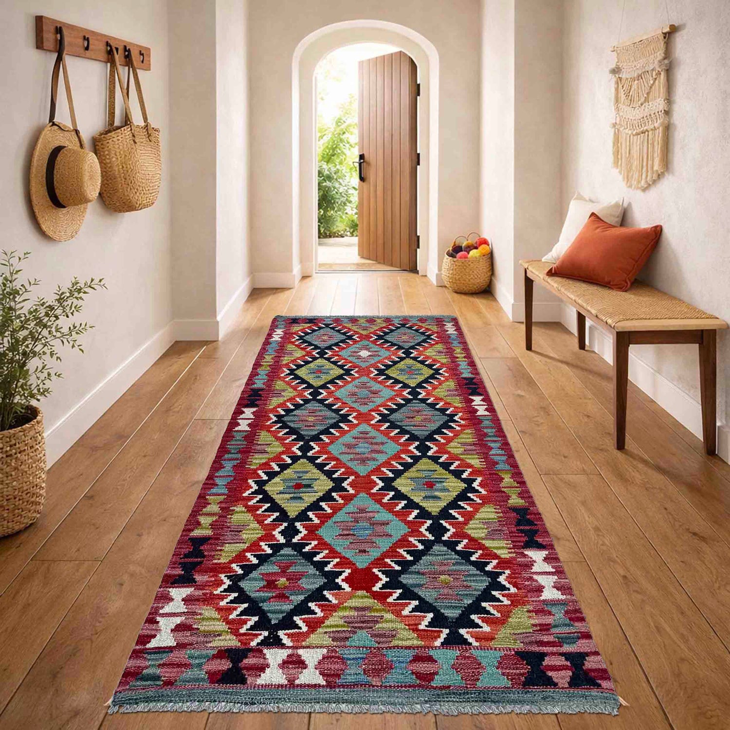 Handmade Turkish Design Wool Kilim Runner 2' 9" x 6' 7" ft / 84 x 200 cm - No. P36993