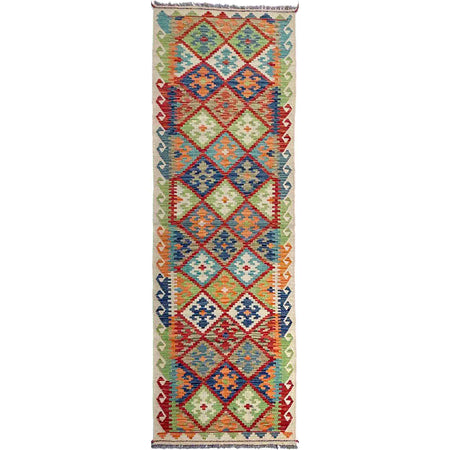 Multi Color ful Flat-Weave Wool Kilim Runner 2' 9" x 9' 7" ft / 84 x 292 cm - No. P37008