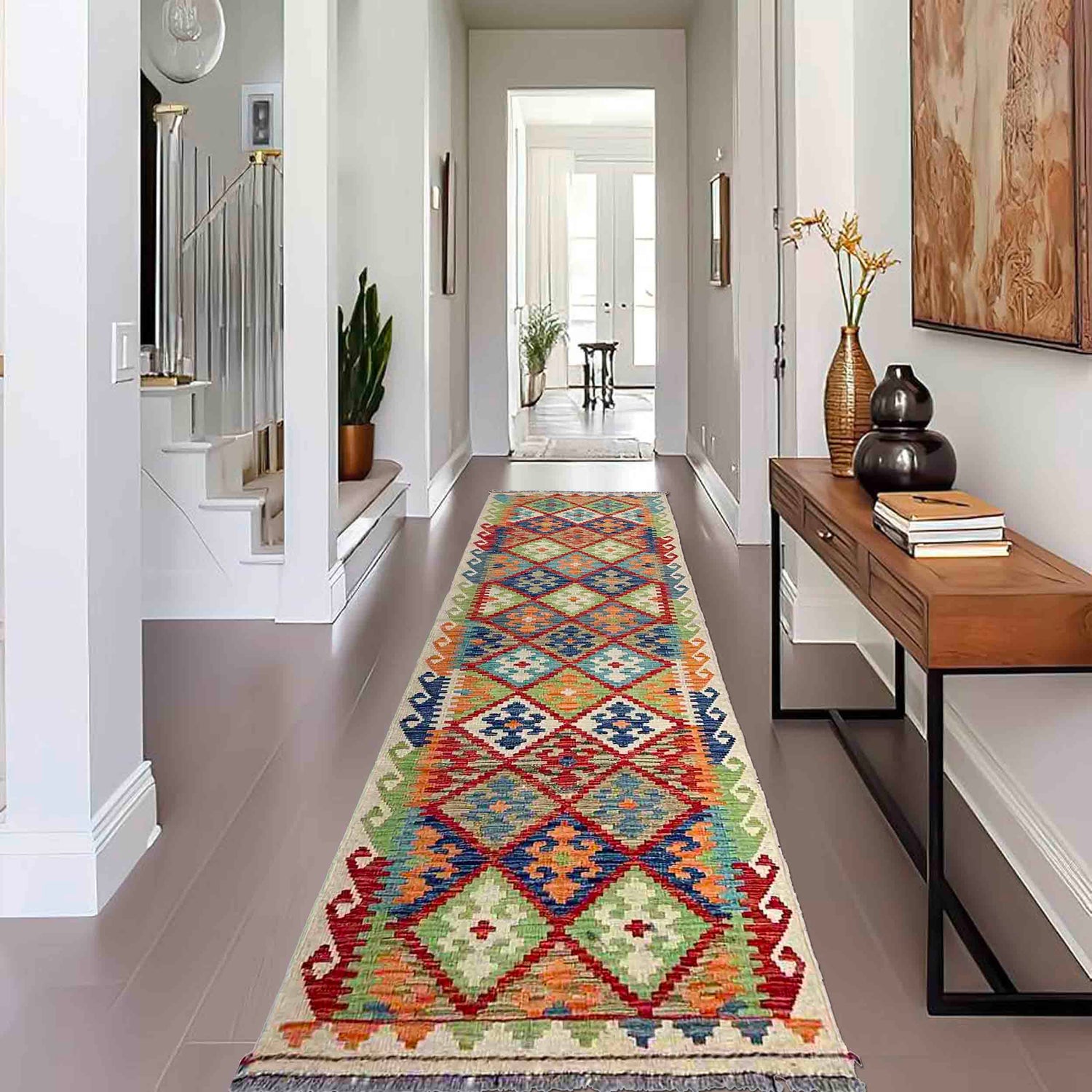 Multi Color ful Flat-Weave Wool Kilim Runner 2' 9" x 9' 7" ft / 84 x 292 cm - No. P37008