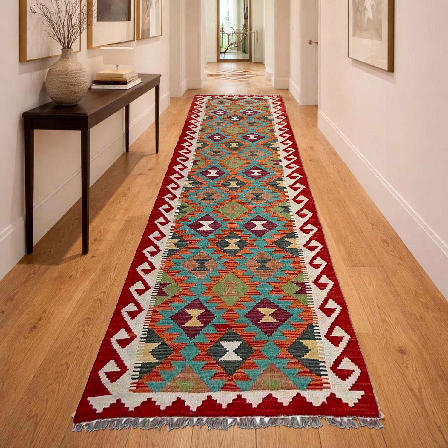 Multi Color ful Flat-Weave Wool Kilim Runner 2' 7" x 9' 6" ft / 79 x 290 cm - No. P37012