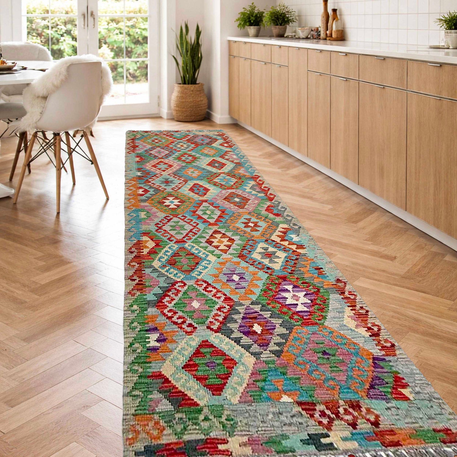 Hand Woven Wool Kelim Runner 2' 9" x 9' 11" ft / 83 x 303 cm - No. P37020