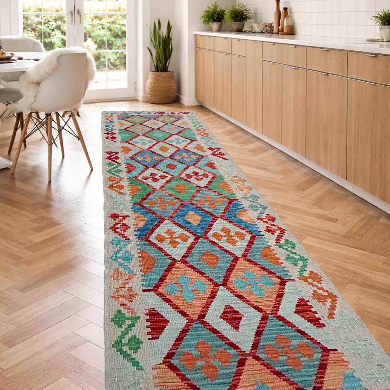 Hand Knotted Afghan Style Kilim Runner 2' 8" x 10' 0" ft / 82 x 305 cm - No. P37035