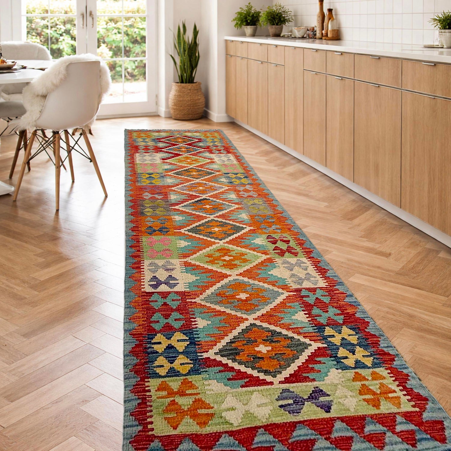 Hand Knotted Afghan Style Kilim Runner 2' 11" x 9' 5" ft / 88 x 288 cm - No. P37042