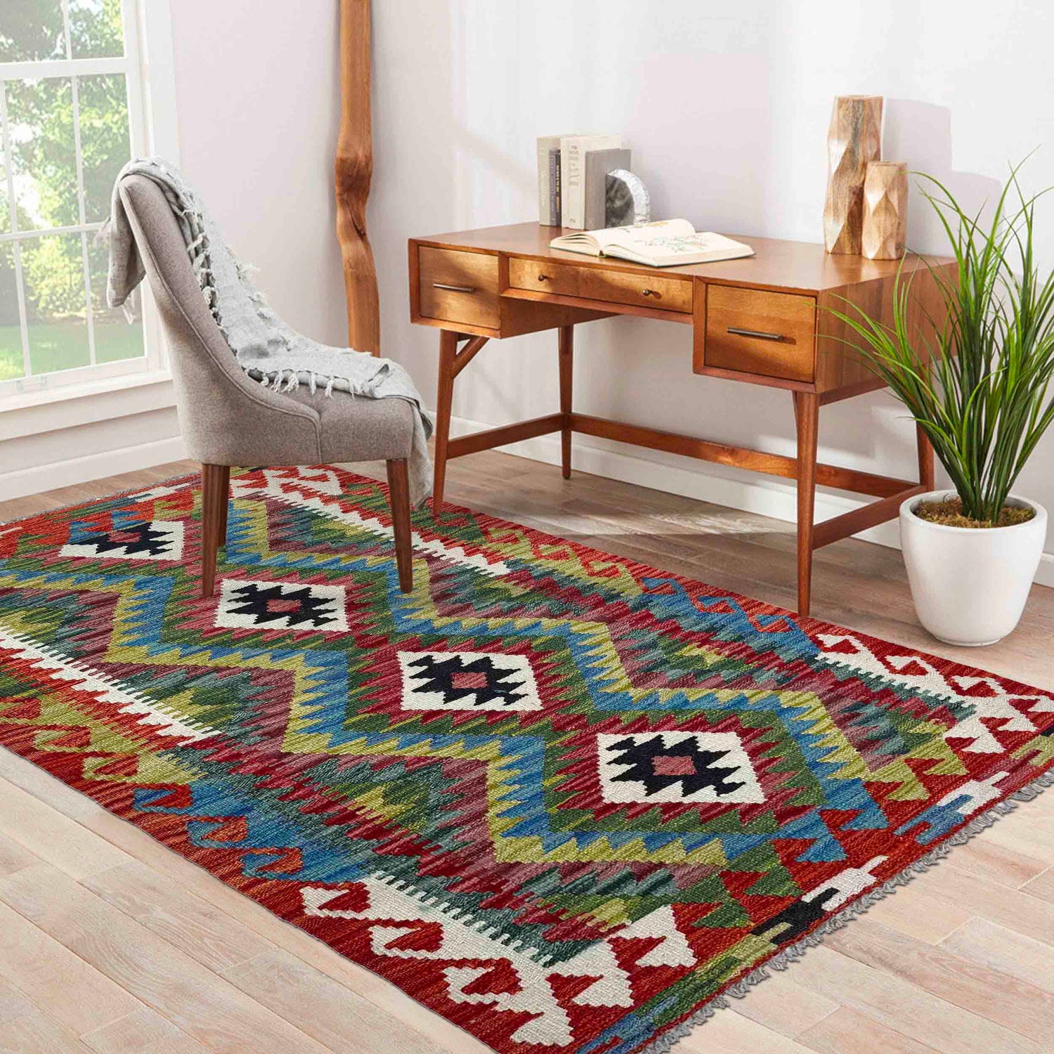 Multi Color ful Flat-Weave Wool Kilim 2' 9" x 4' 2" ft / 84 x 128 cm - No. P37053