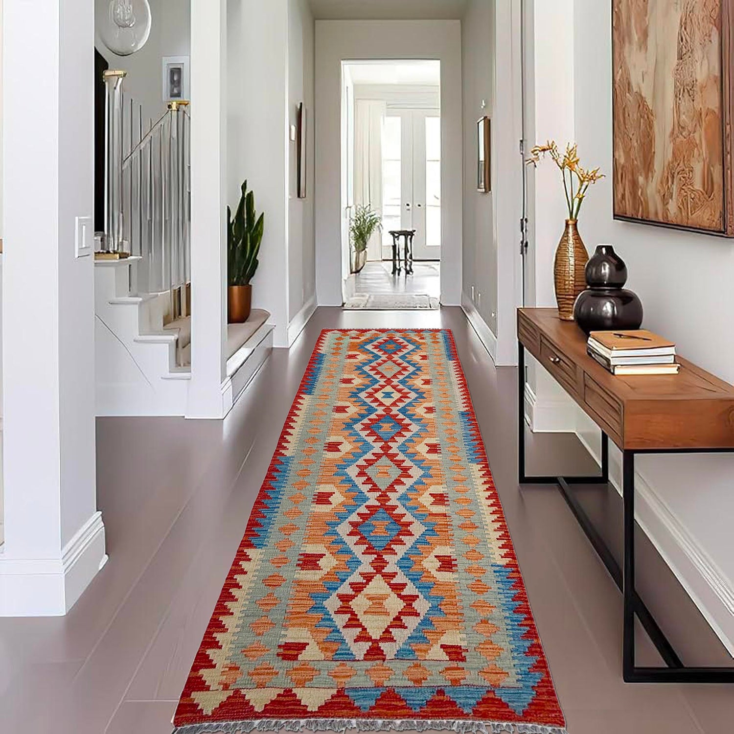 Hand Woven Wool Kelim Runner 2' 7" x 9' 7" ft / 80 x 292 cm - No. P37056