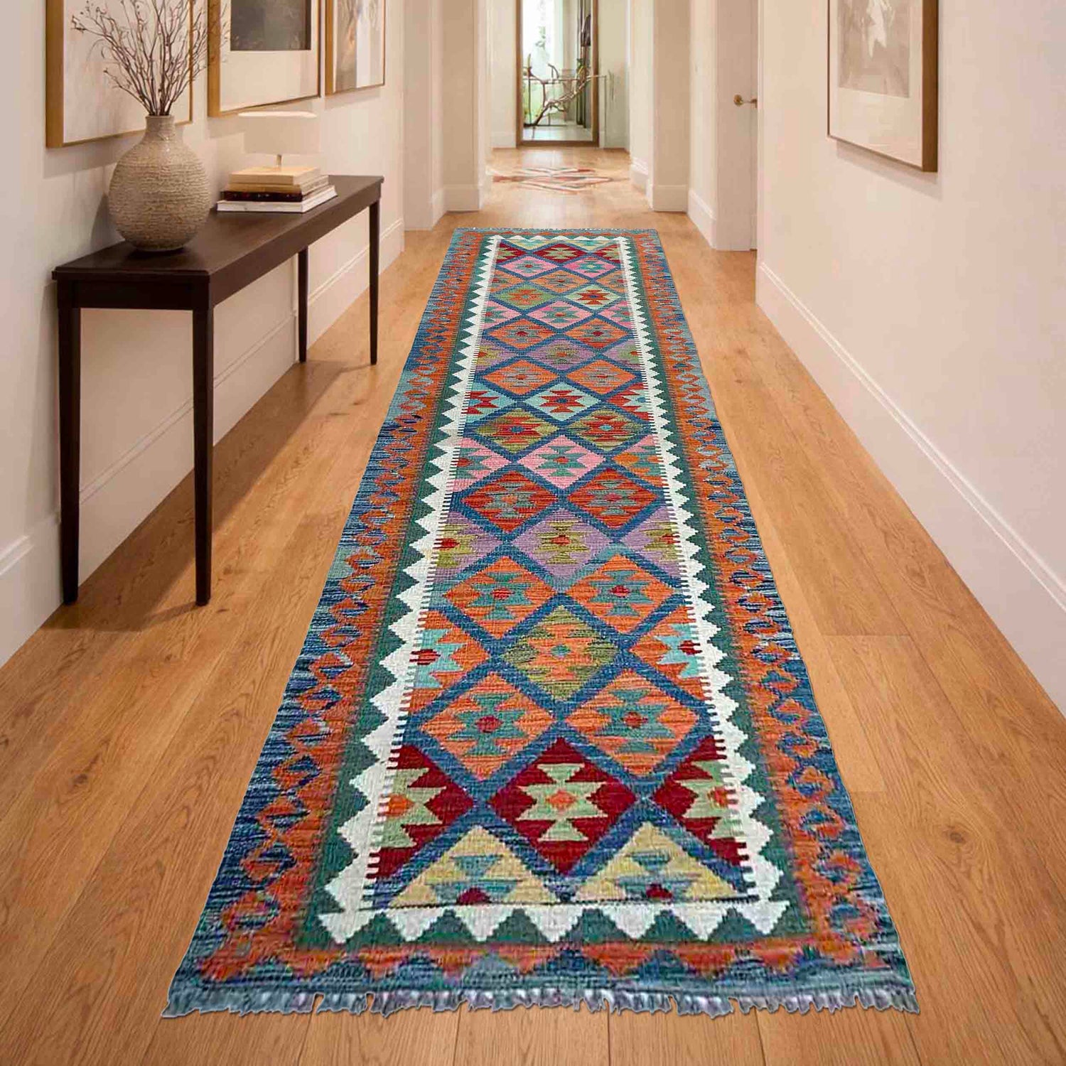 Hand Knotted Flatweave Kilim Runner 2' 9" x 9' 11" ft / 83 x 303 cm - No. P37060