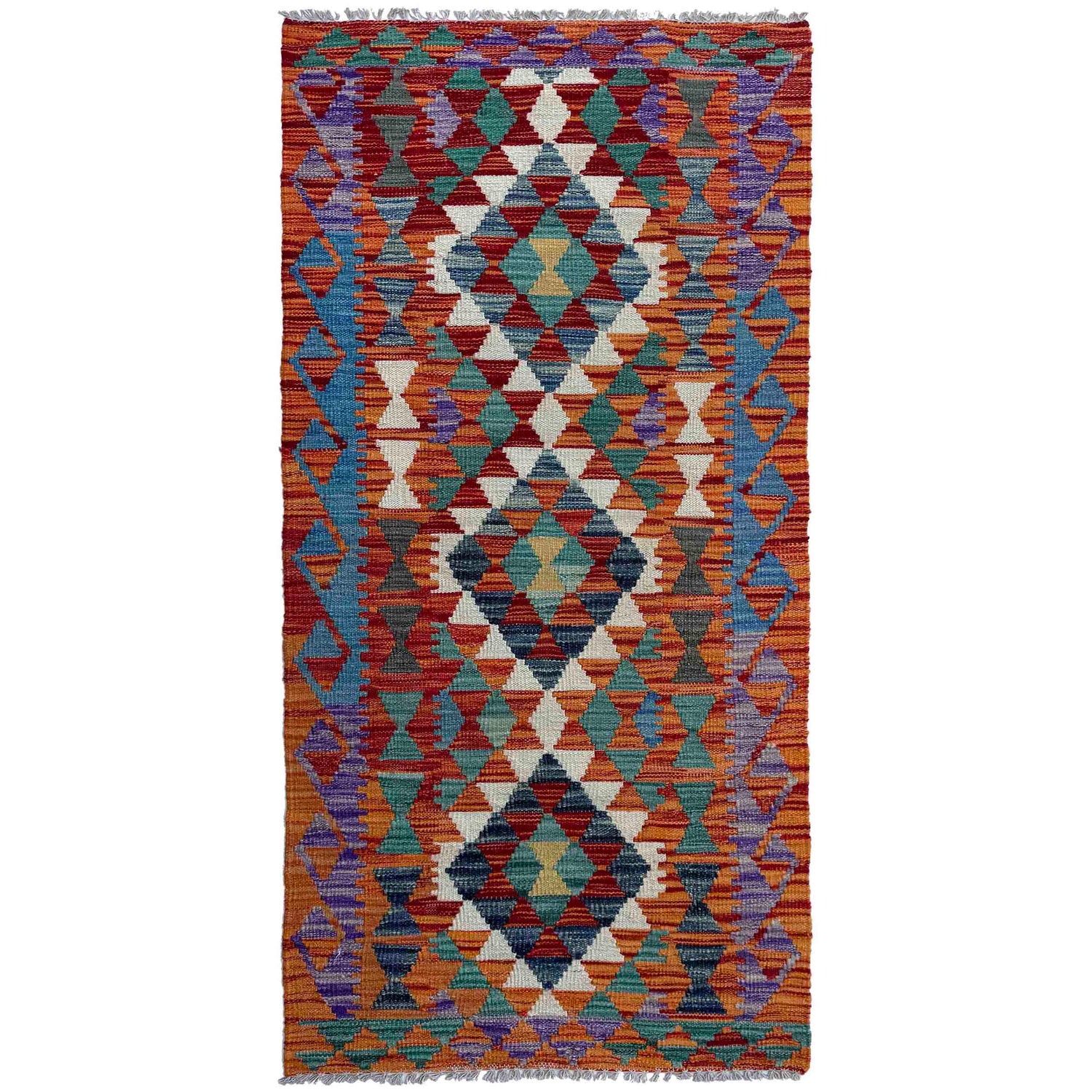 Multi Color ful Flat-Weave Wool Kilim Runner 2' 6" x 6' 3" ft / 76 x 190 cm - No. P37069