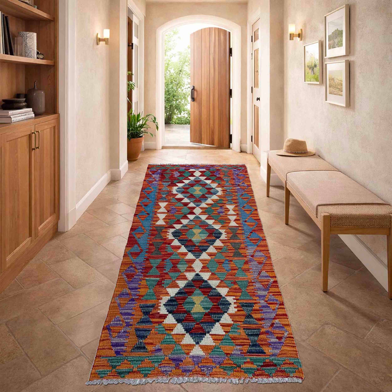 Multi Color ful Flat-Weave Wool Kilim Runner 2' 6" x 6' 3" ft / 76 x 190 cm - No. P37069