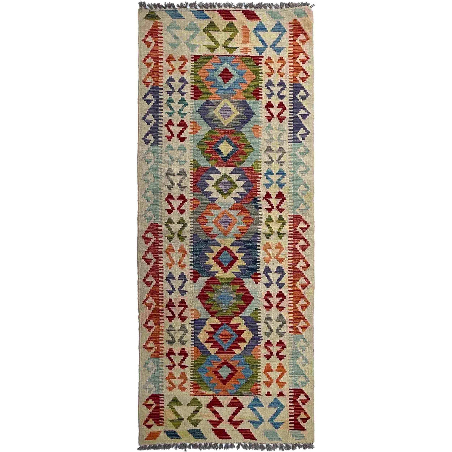 Multi Color ful Flat-Weave Wool Kilim Runner 2' 6" x 6' 5" ft / 75 x 196 cm - No. P37117