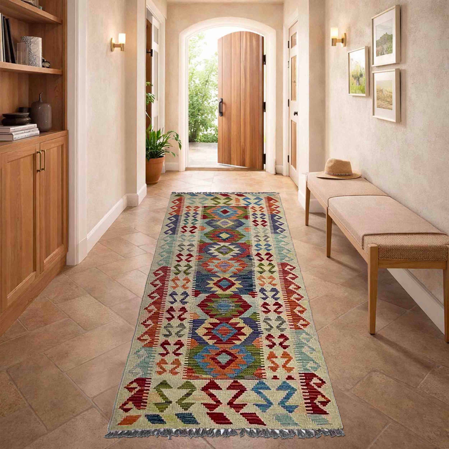 Multi Color ful Flat-Weave Wool Kilim Runner 2' 6" x 6' 5" ft / 75 x 196 cm - No. P37117
