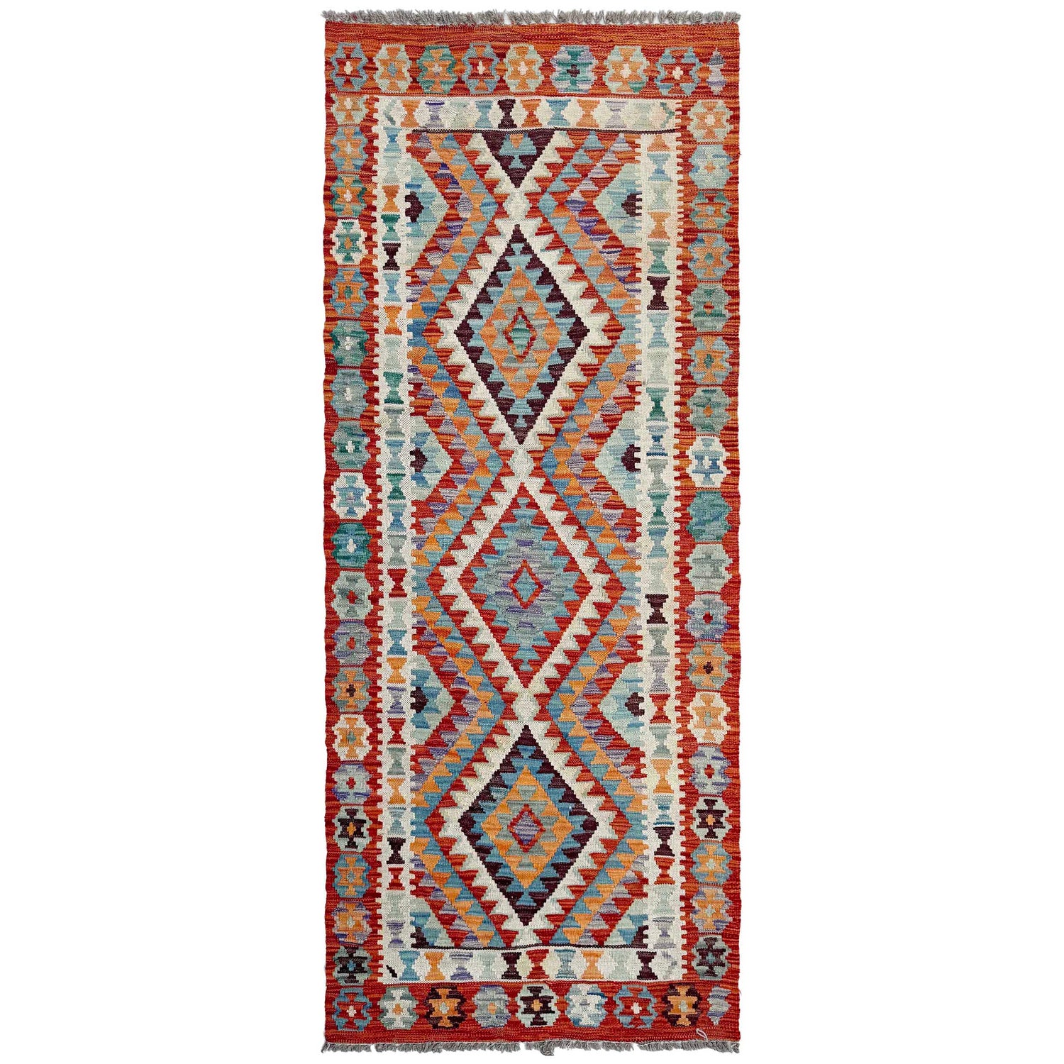 Multi Color ful Flat-Weave Wool Kilim Runner 2' 6" x 6' 7" ft / 75 x 200 cm - No. P37123