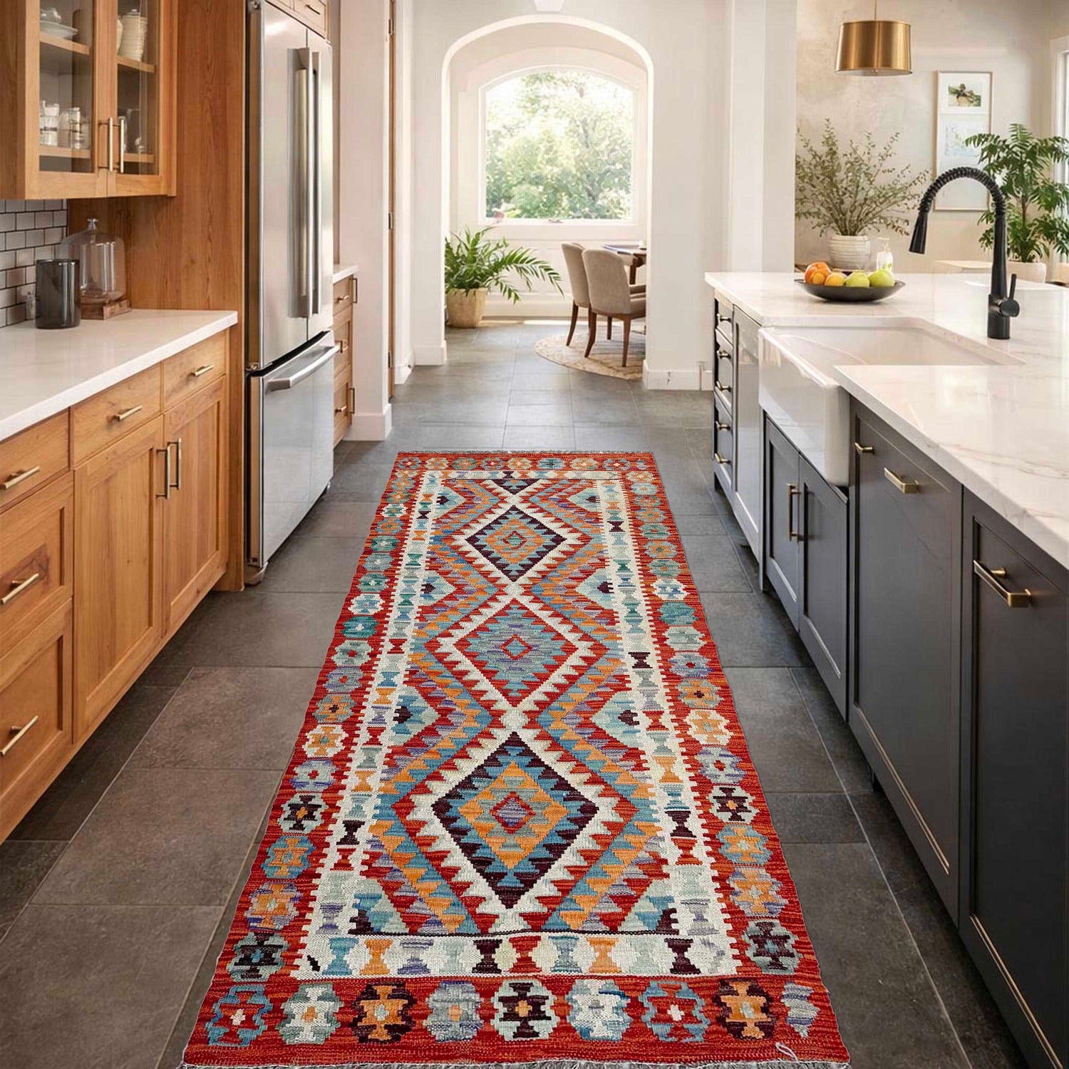 Multi Color ful Flat-Weave Wool Kilim Runner 2' 6" x 6' 7" ft / 75 x 200 cm - No. P37123