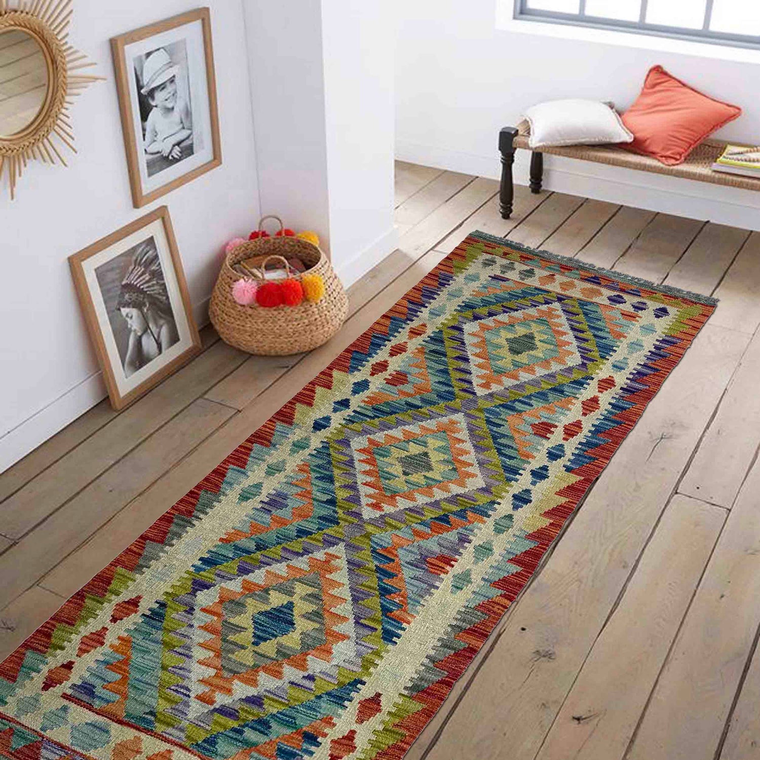 Hand Knotted Afghan Style Kilim Runner 2' 6" x 6' 8" ft / 76 x 203 cm - No. P37125