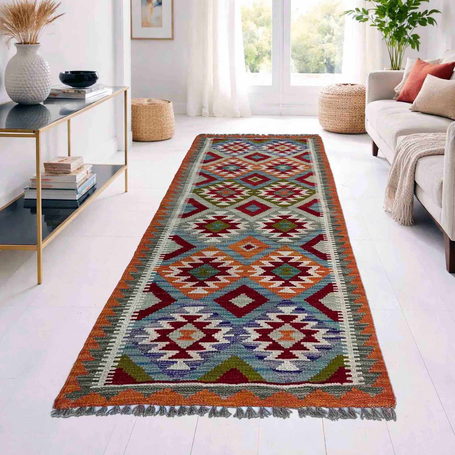 Hand Woven Wool Kelim Runner 2' 6" x 6' 6" ft / 77 x 198 cm - No. P37127