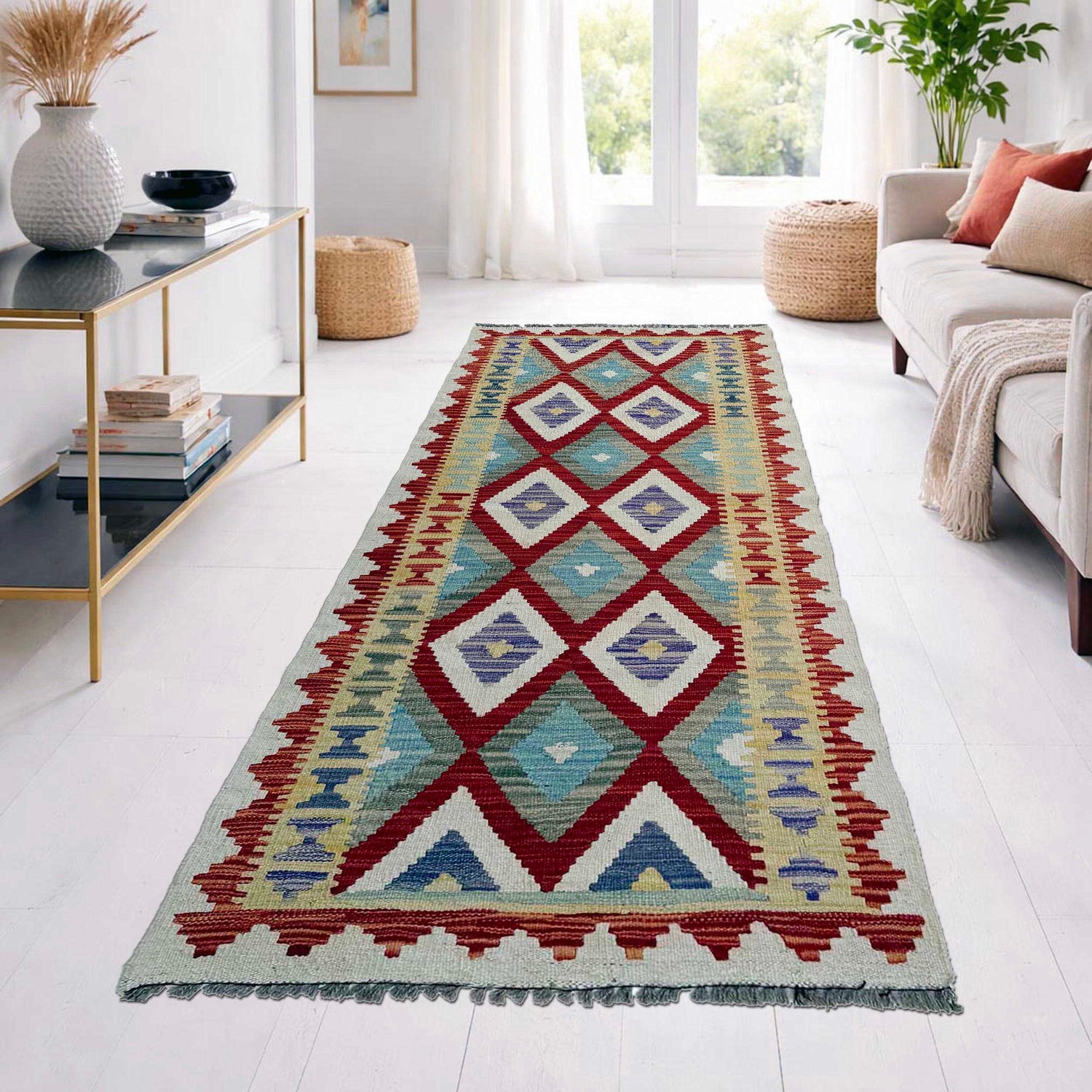 Hand Woven Wool Kelim Runner 2' 6" x 6' 4" ft / 75 x 192 cm - No. P37134