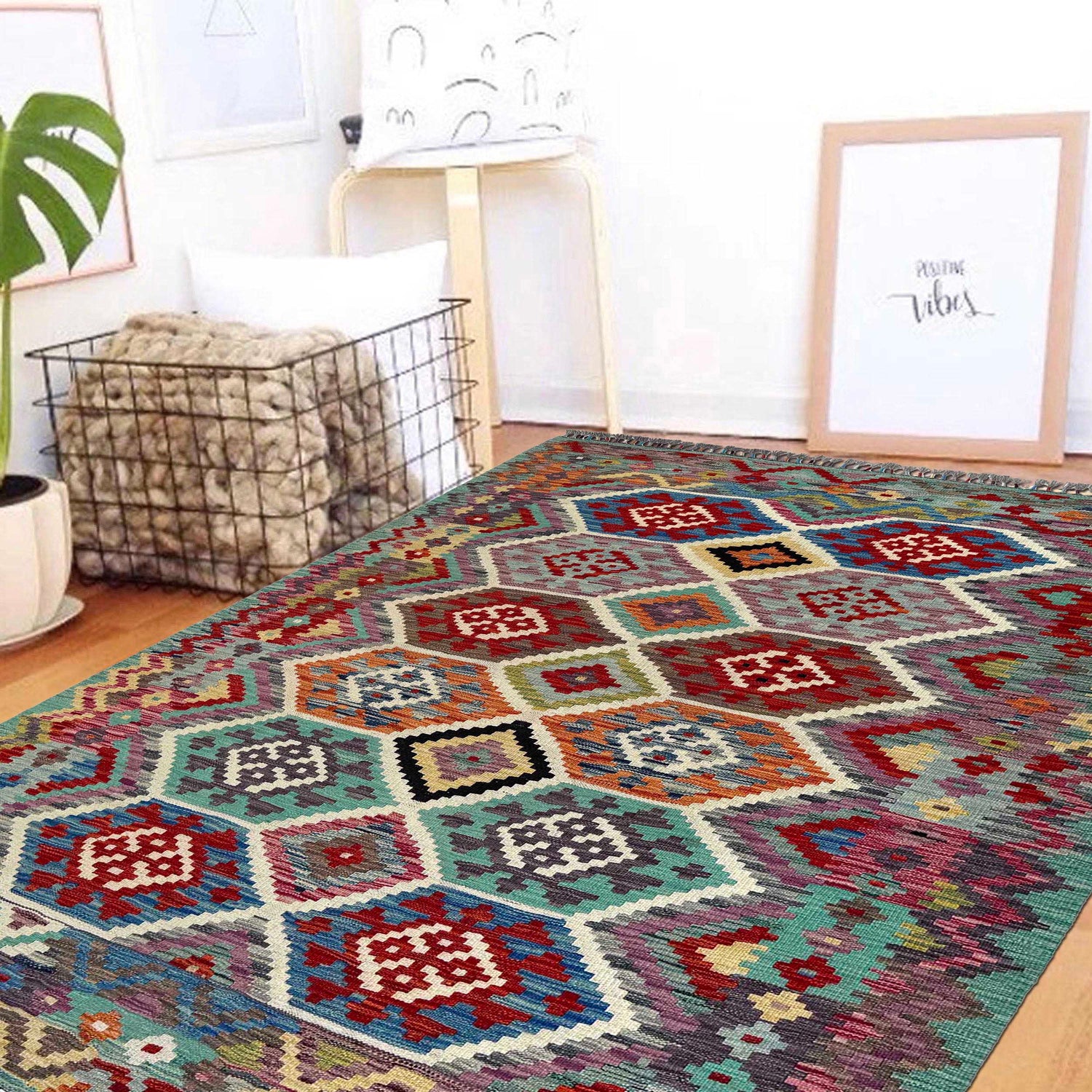 Hand Knotted Flatweave Kilim 5' 0" x 6' 7" ft / 152 x 201 cm - No. P37178