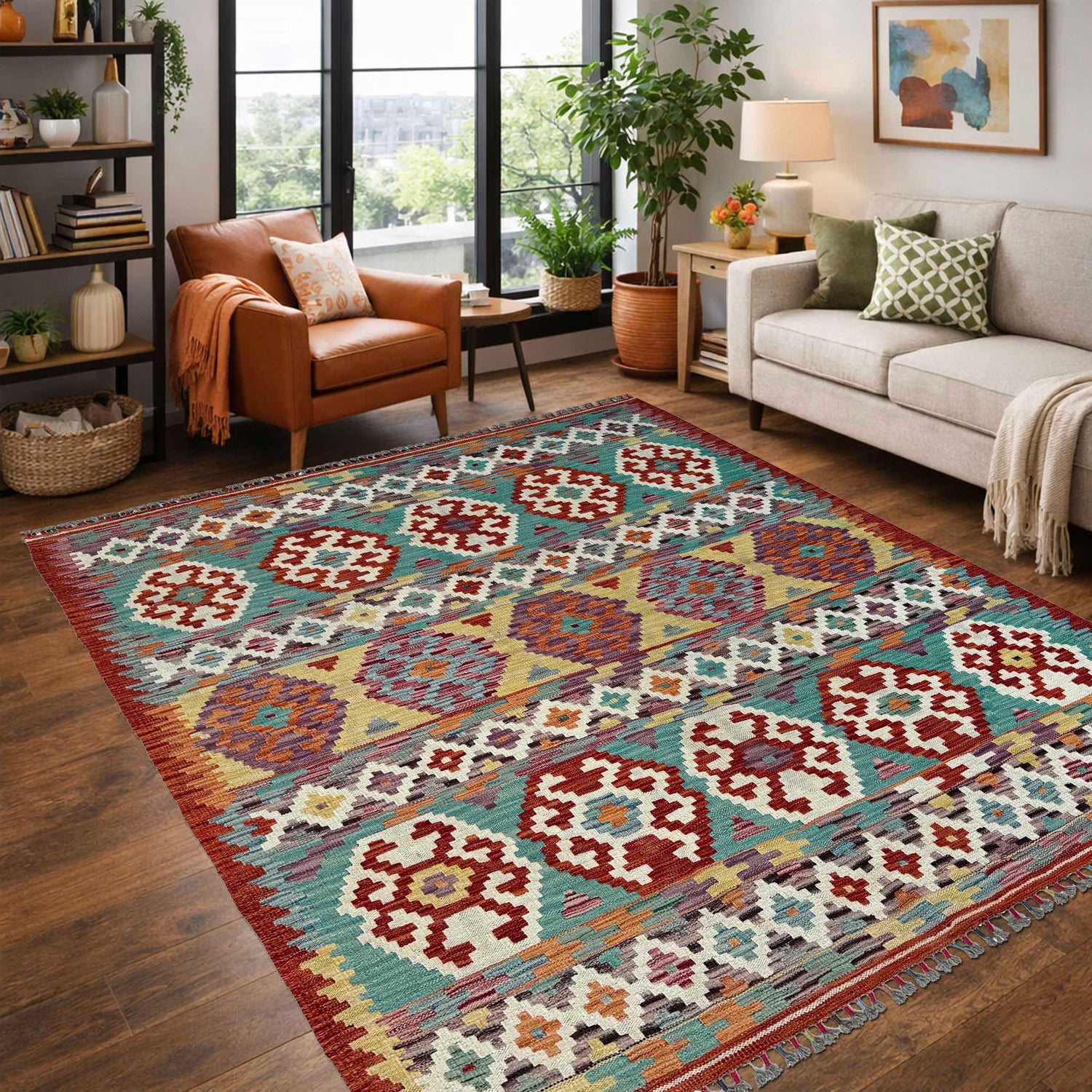 Handmade Afghan Vegetable Kilim 5' 0" x 6' 3" ft / 152 x 190 cm - No. P37179
