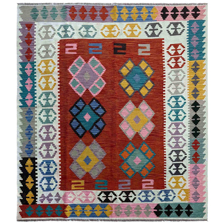 Multi Color ful Flat-Weave Wool Kilim 6' 7" x 9' 9" ft / 200 x 297 cm - No. P37215