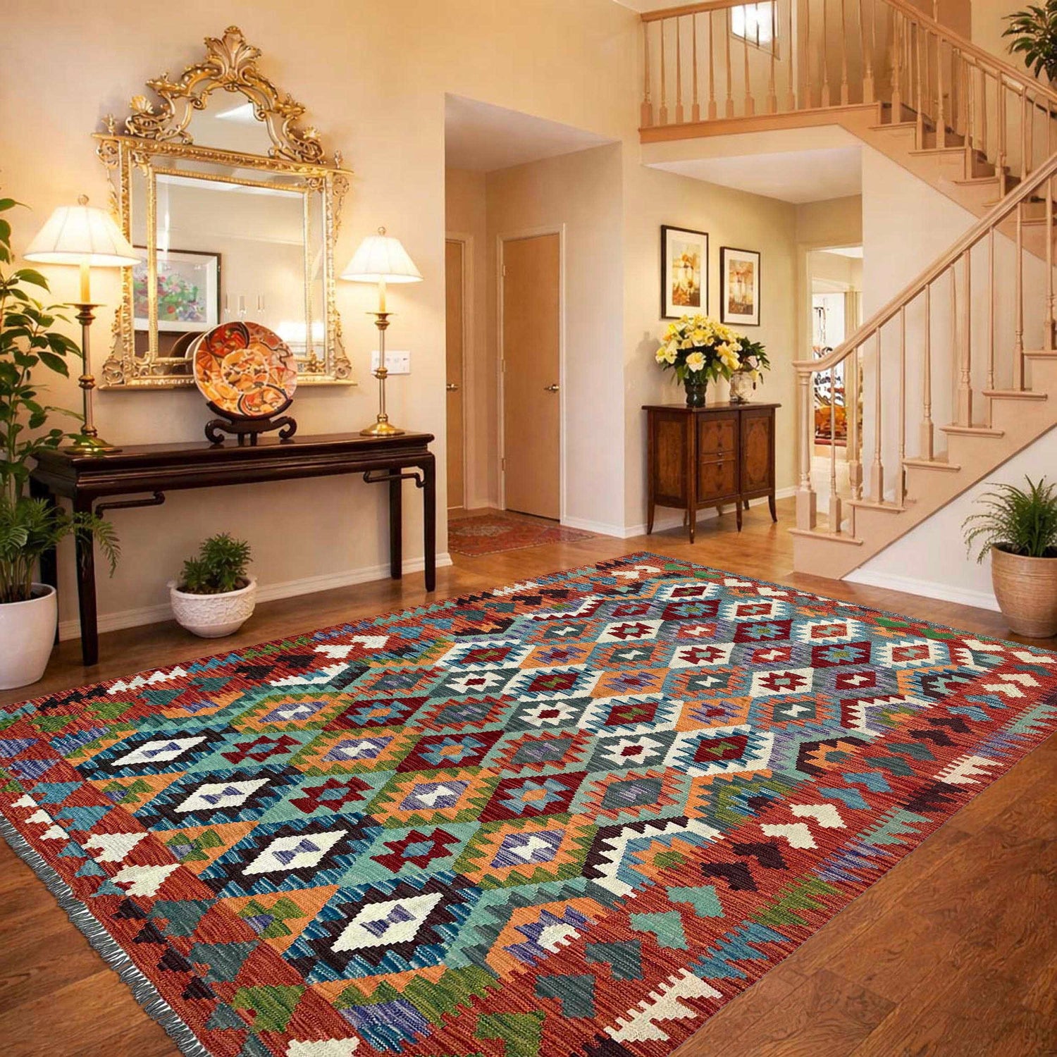Hand Knotted Afghan Style Kilim 6' 5" x 9' 7" ft / 196 x 292 cm - No. P37217