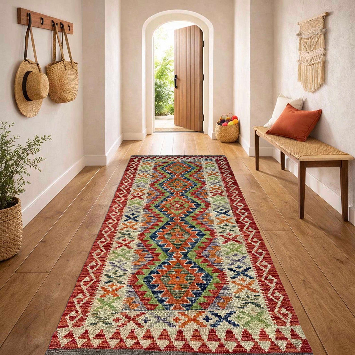 Hand Woven Wool Kelim Runner 3' 0" x 6' 10" ft / 92 x 209 cm - No. P37219