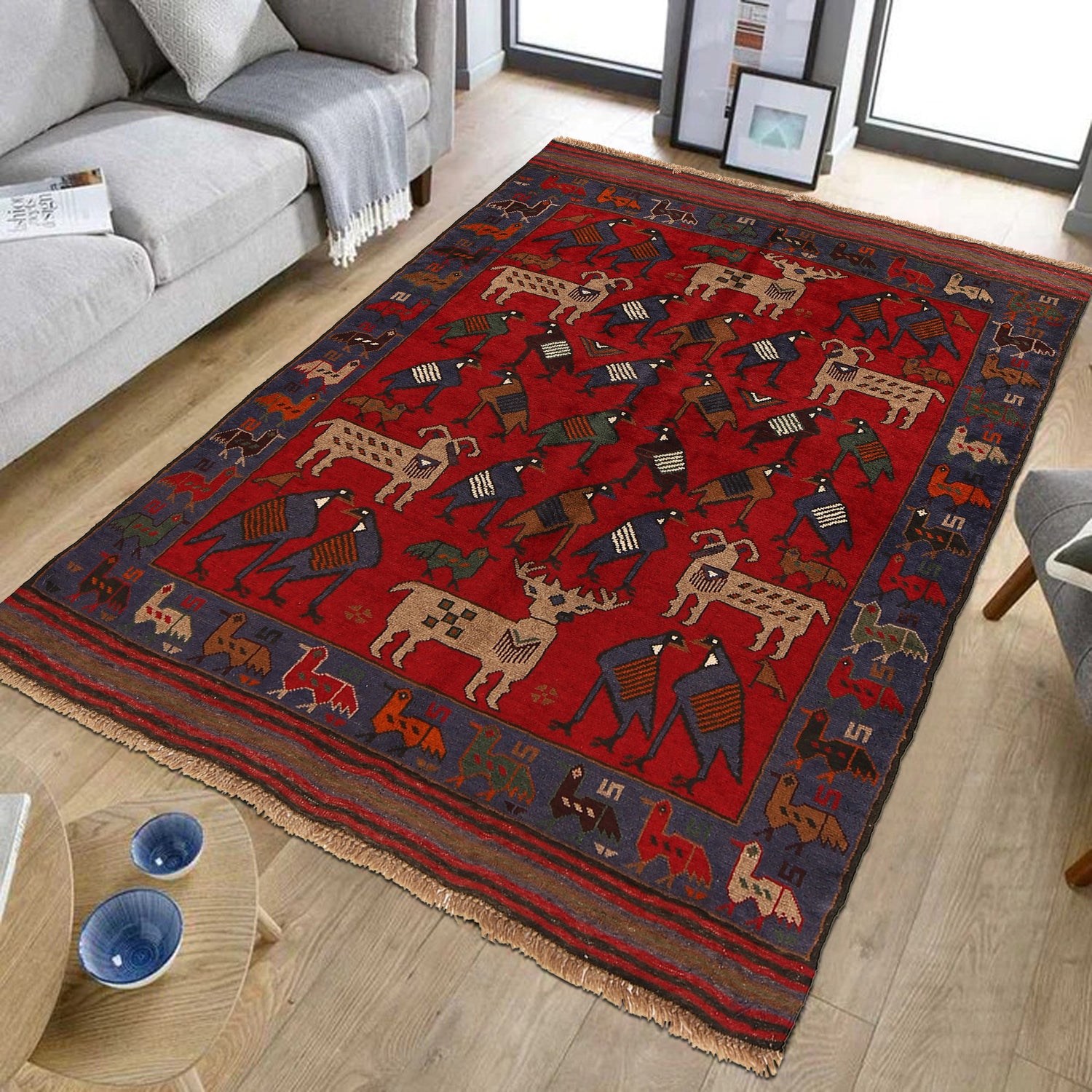 Hand Knotted Birds Pictorial Area Rug 4' 2" x 5' 7" ft / 127 x 171 cm - No. R22259