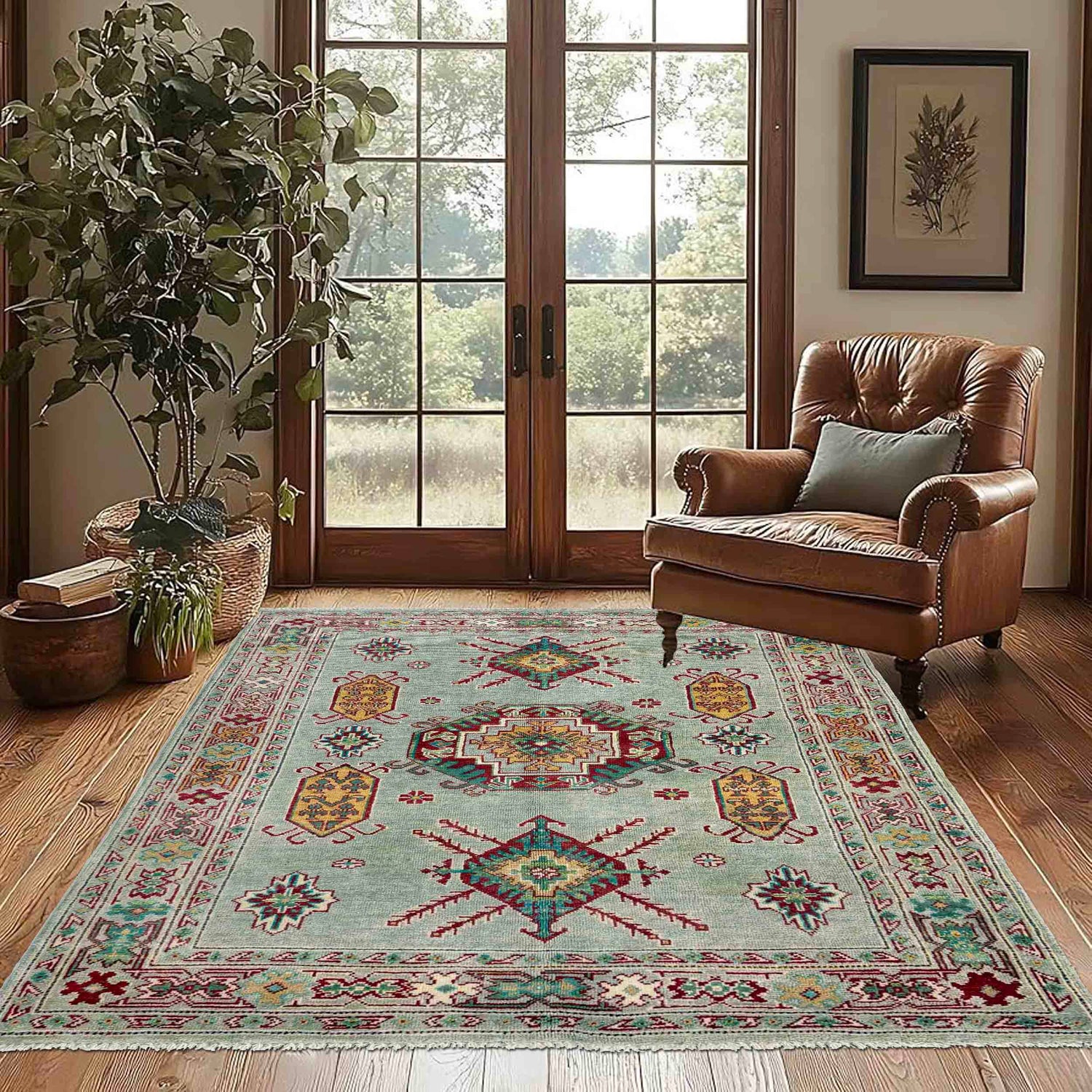 Hand knotted Kazak Carpet 4' 2" x 5' 8" ft / 126 x 173 cm - No. R37383