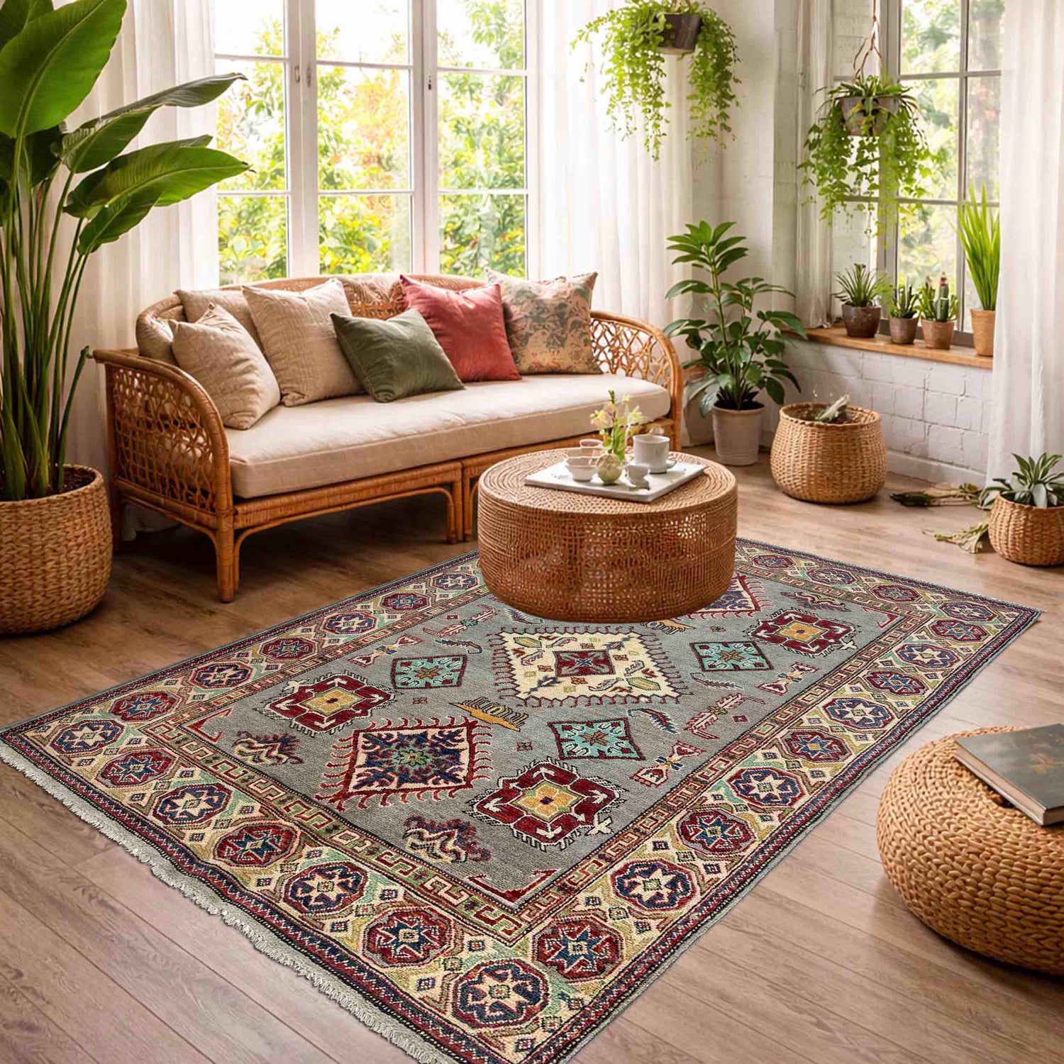 Hand Knotted Kazak Oriental Rug 4' 8" x 6' 5" ft / 141 x 195 cm - No. R37385