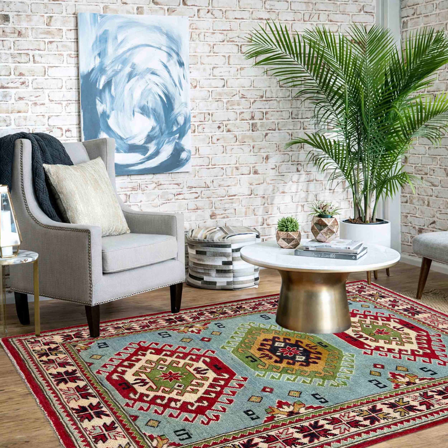 Blue Color Kazak Rug 3' 3" x 4' 11" ft / 100 x 150 cm - No. R37504