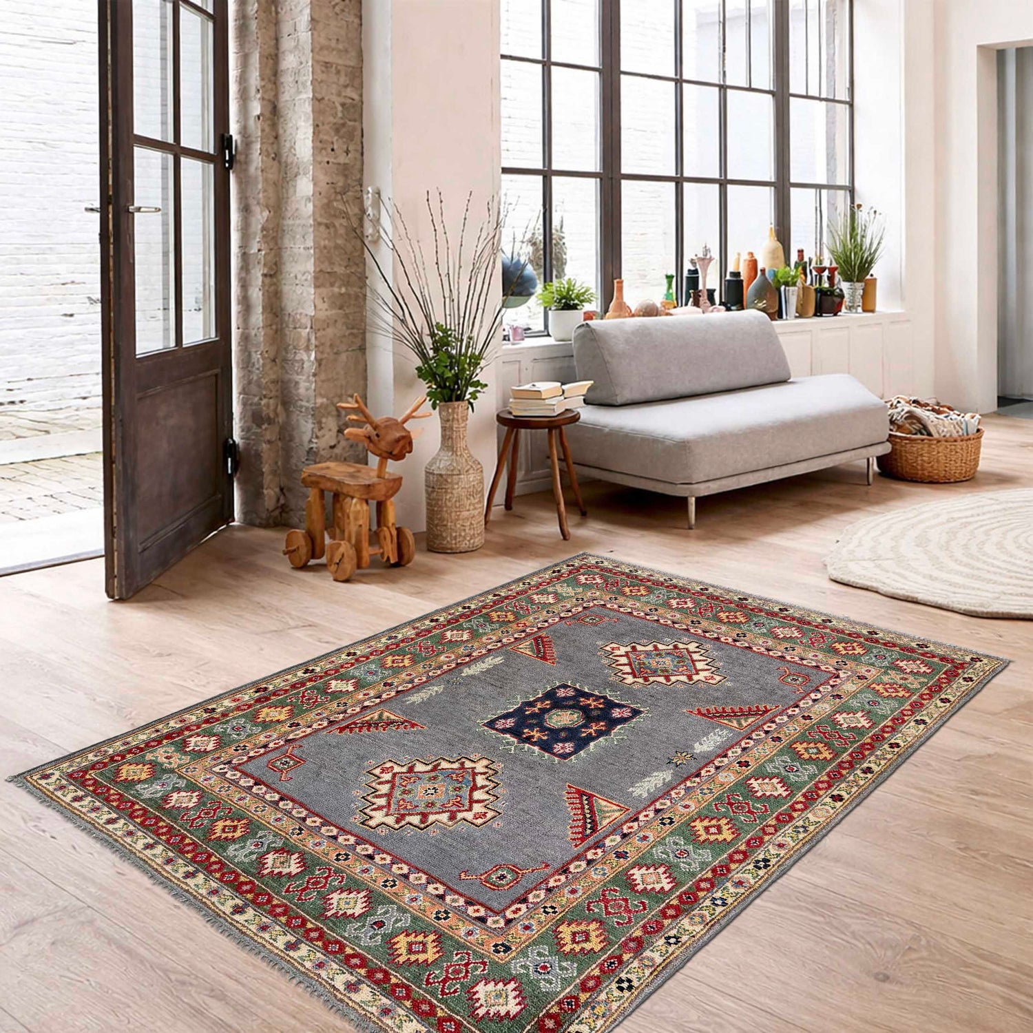 Gray Color Kazak Rug 3' 3" x 4' 11" ft / 99 x 150 cm - No. R37512