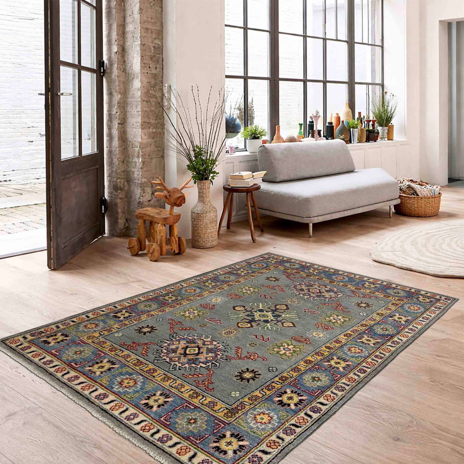 Gray Color Kazak Rug 3' 2" x 5' 1" ft / 97 x 154 cm - No. R37518