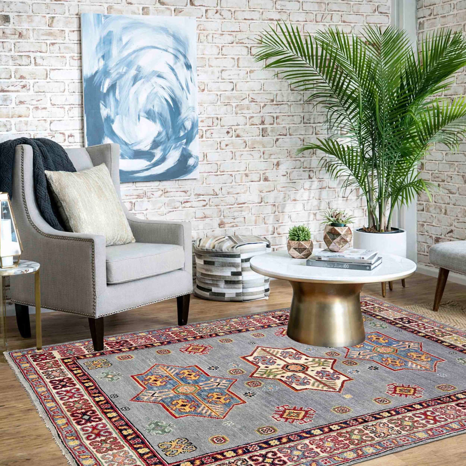 Blue Color Kazak Rug 3' 4" x 4' 11" ft / 102 x 150 cm - No. R37525