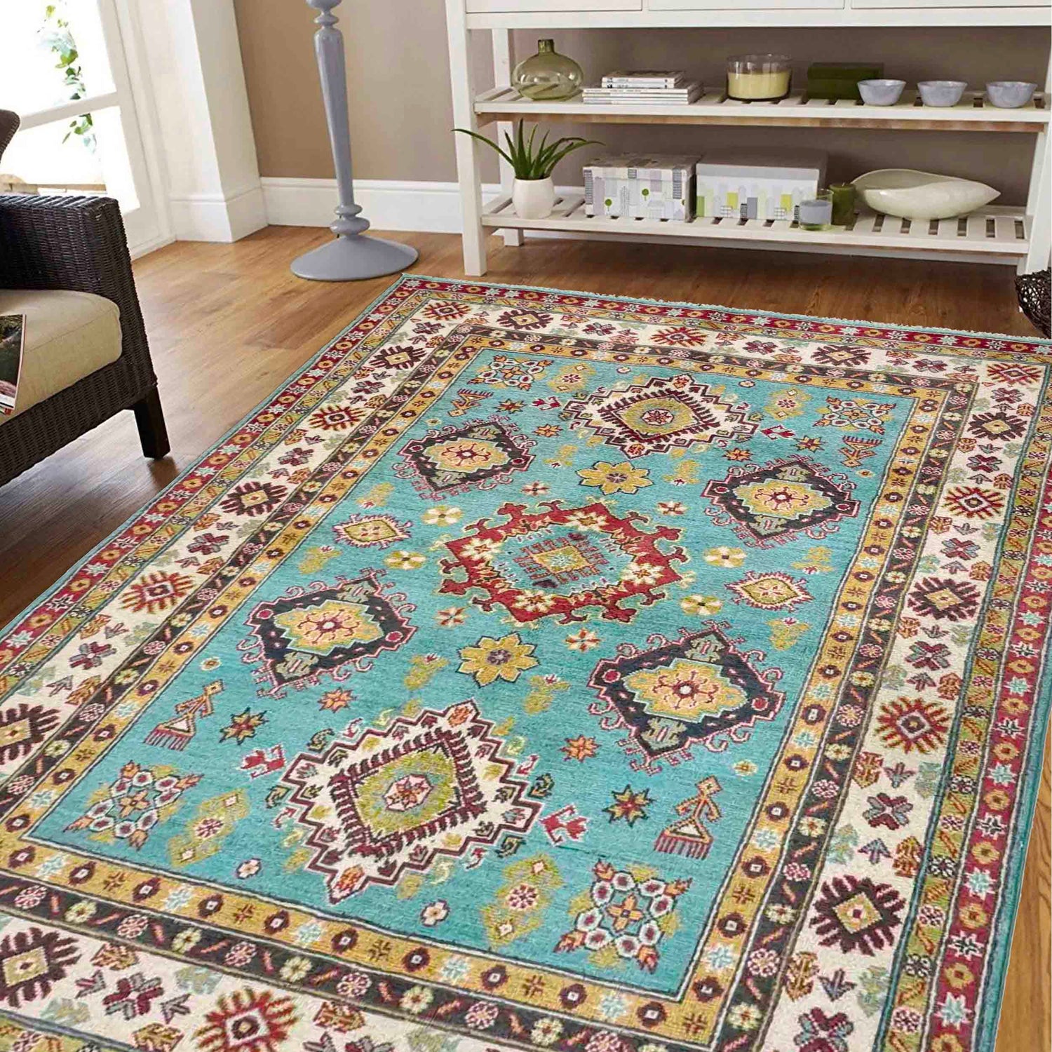 Hand knotted Kazak Carpet 4' 8" x 6' 2" ft / 143 x 188 cm - No. R37615