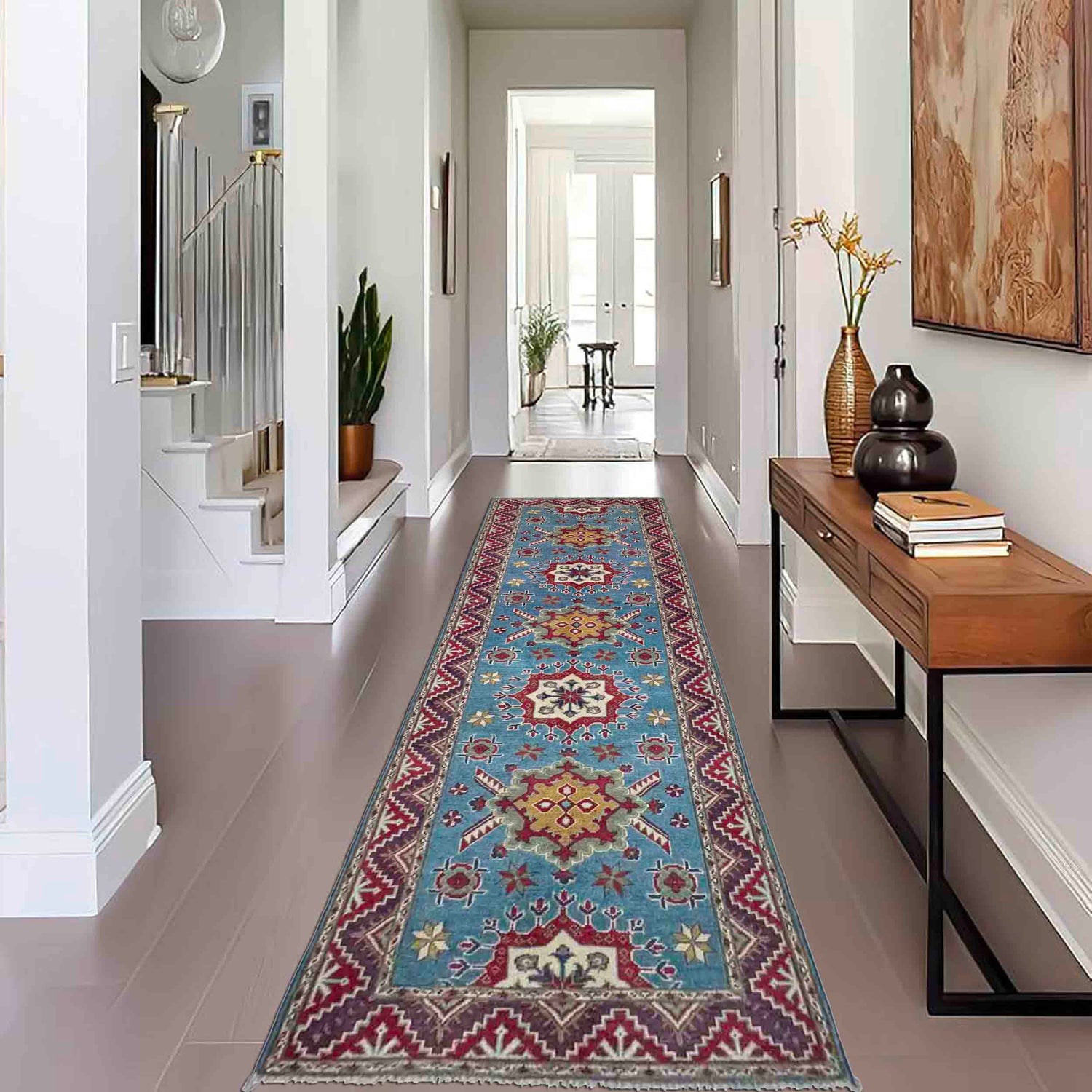 Hand Knotted Kazak Oriental Runner Rug 3' 1" x 9' 6" ft / 95 x 290 cm - No. R37618