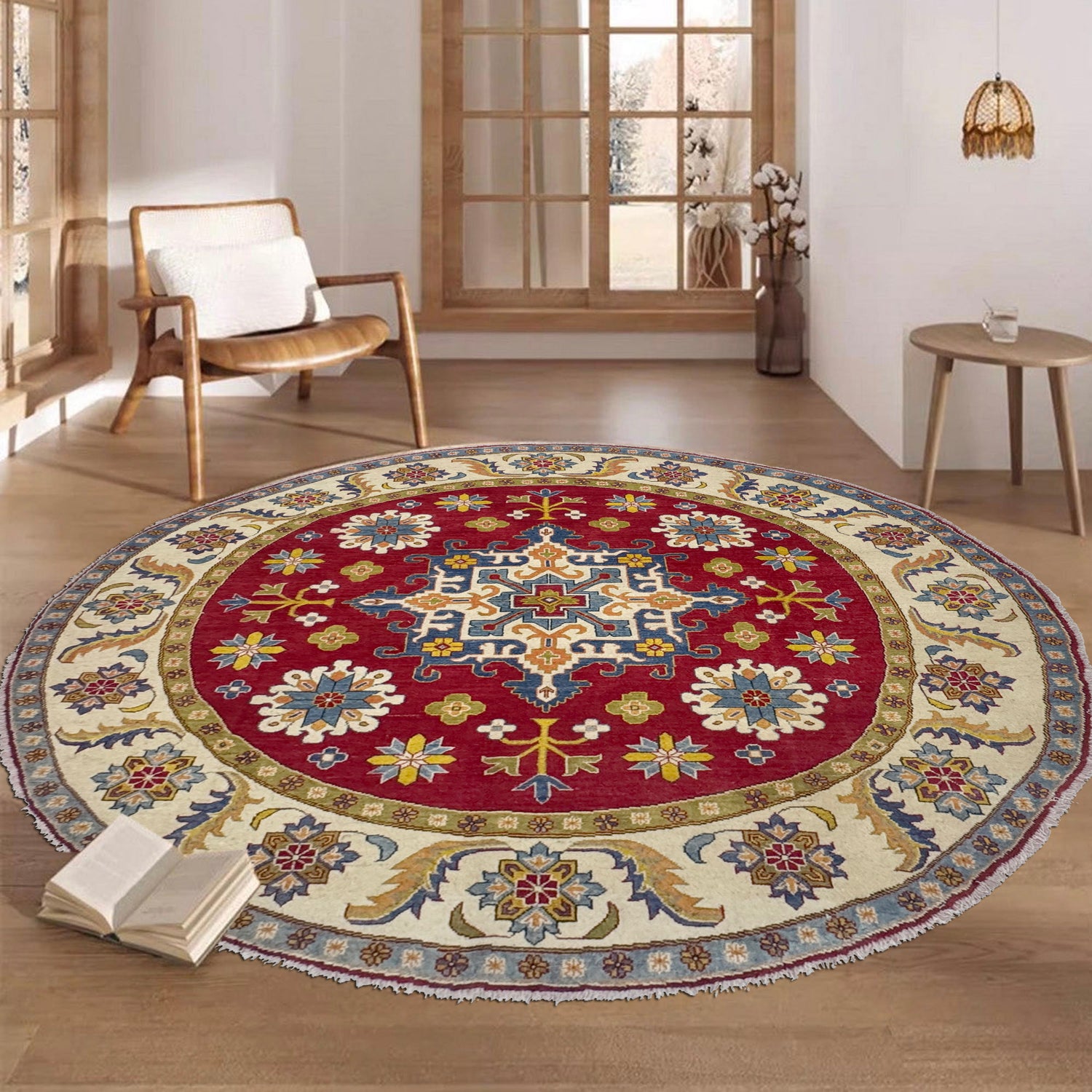 Hand Knotted Round Kazak Oriental Rug 7' 10" x 7' 7" ft / 238 x 201 cm - No. R37630