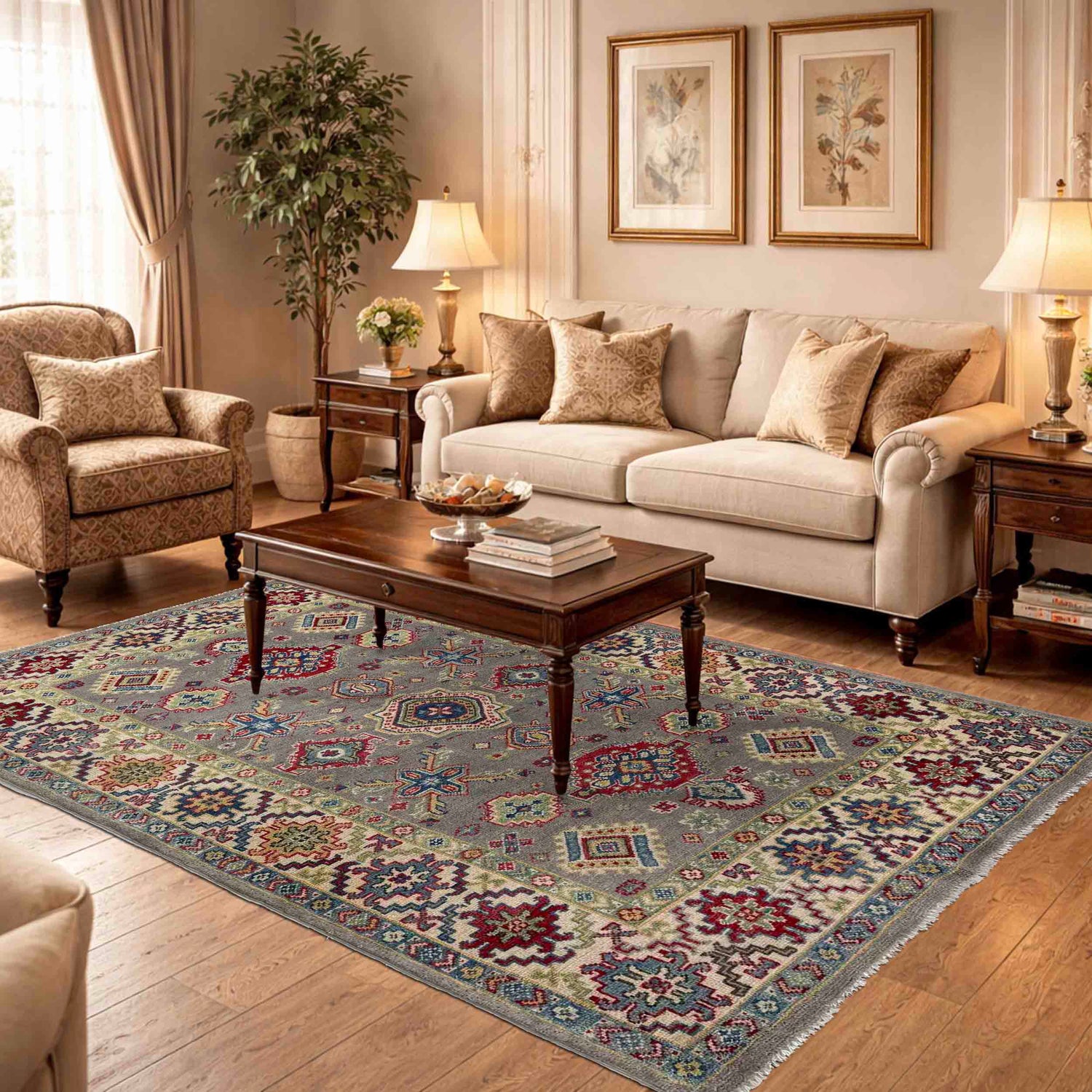 Gray Color Kazak Rug 3' 11" x 5' 10" ft / 120 x 179 cm - No. R37652