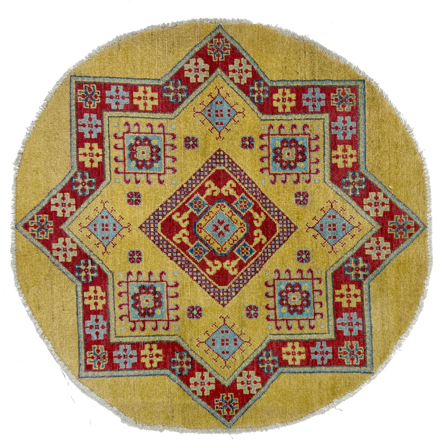 Authentic Afghan Kazak Round Rug 3' 2" x 3' 3" ft / 96 x 100 cm - No. R37678