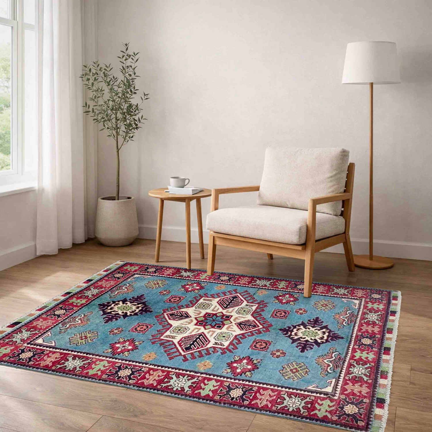 Blue Color Kazak Rug 3' 3" x 4' 8" ft / 99 x 142 cm - No. R37732