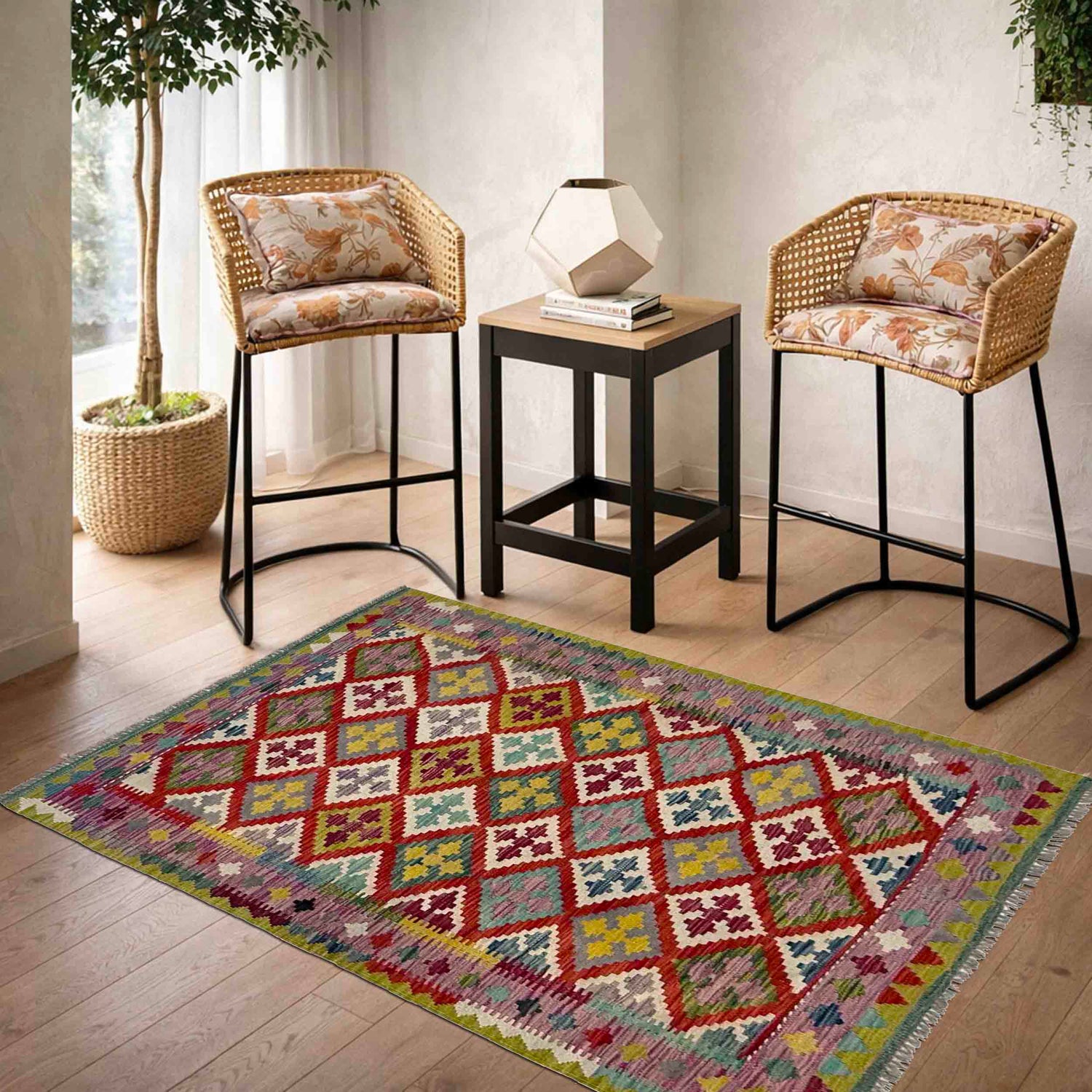 Handmade Afghan Vegetable Kilim 3' 10" x 5' 1" ft / 116 x 155 cm - No. R37789