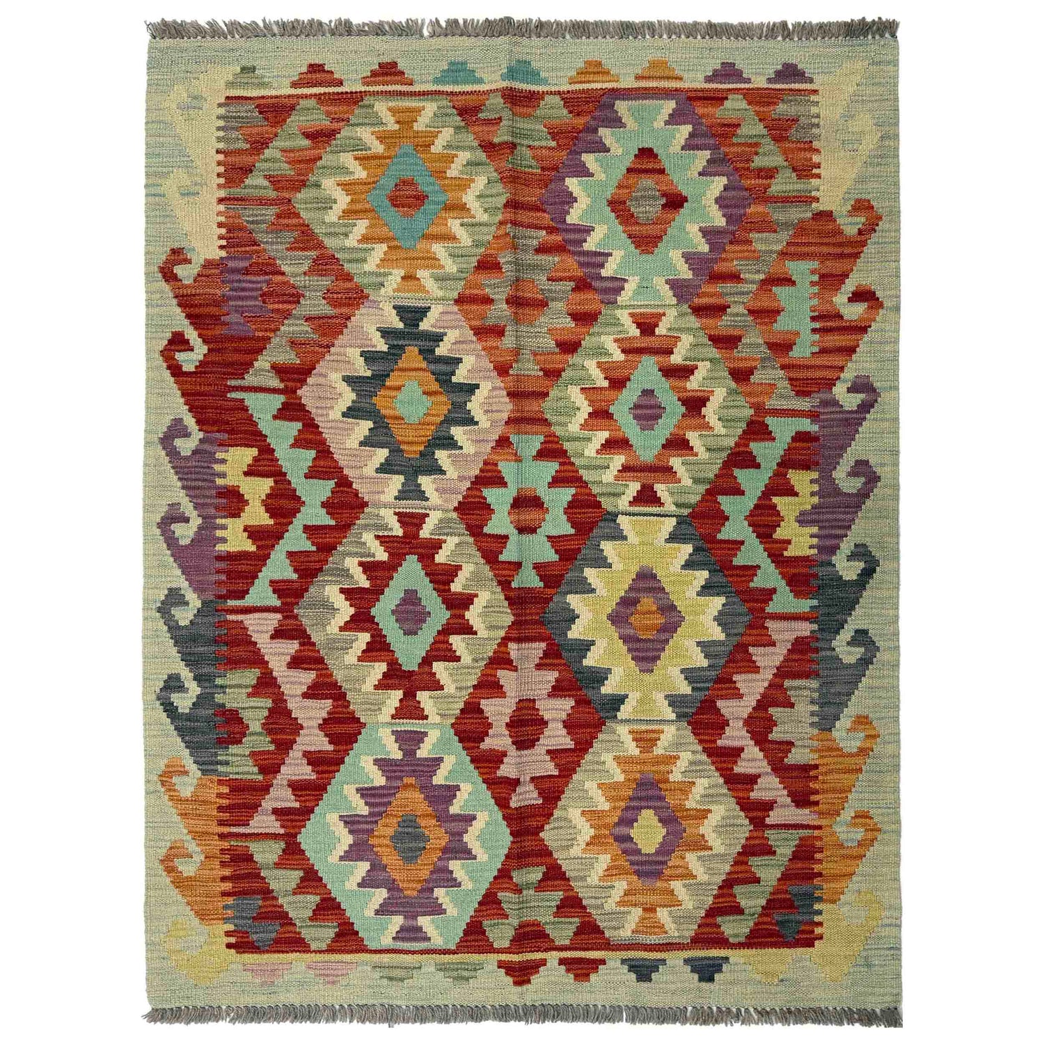 Multi Color ful Flat-Weave Wool Kilim 3' 3" x 4' 8" ft / 100 x 143 cm - No. R37795