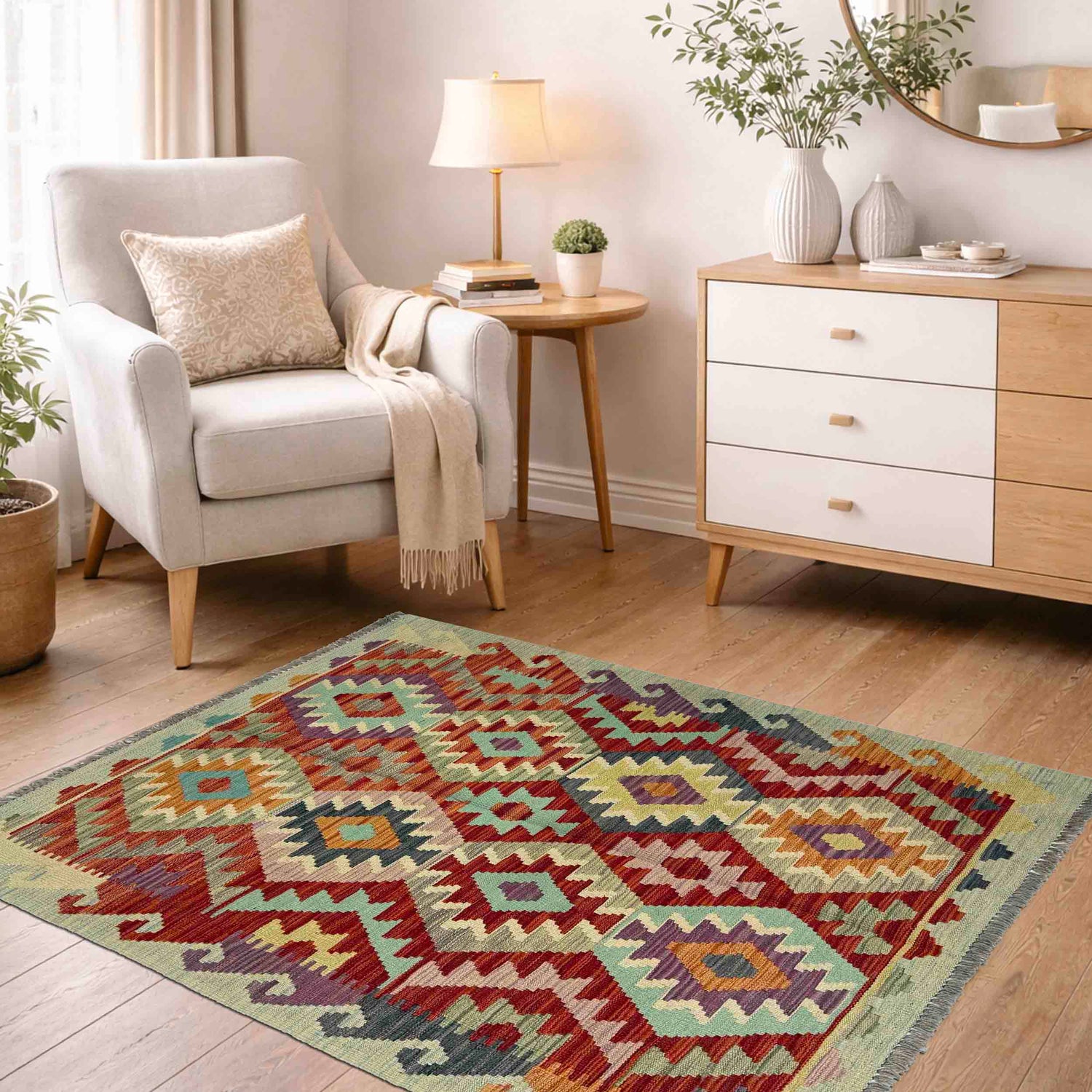 Multi Color ful Flat-Weave Wool Kilim 3' 3" x 4' 8" ft / 100 x 143 cm - No. R37795
