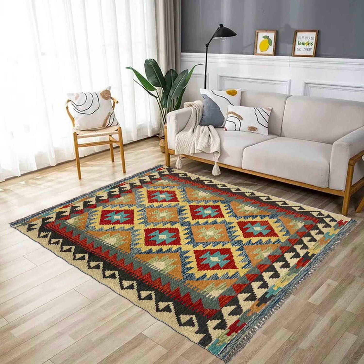 Hand Knotted Afghan Style Kilim 3' 3" x 5' 1" ft / 100 x 155 cm - No. R37876